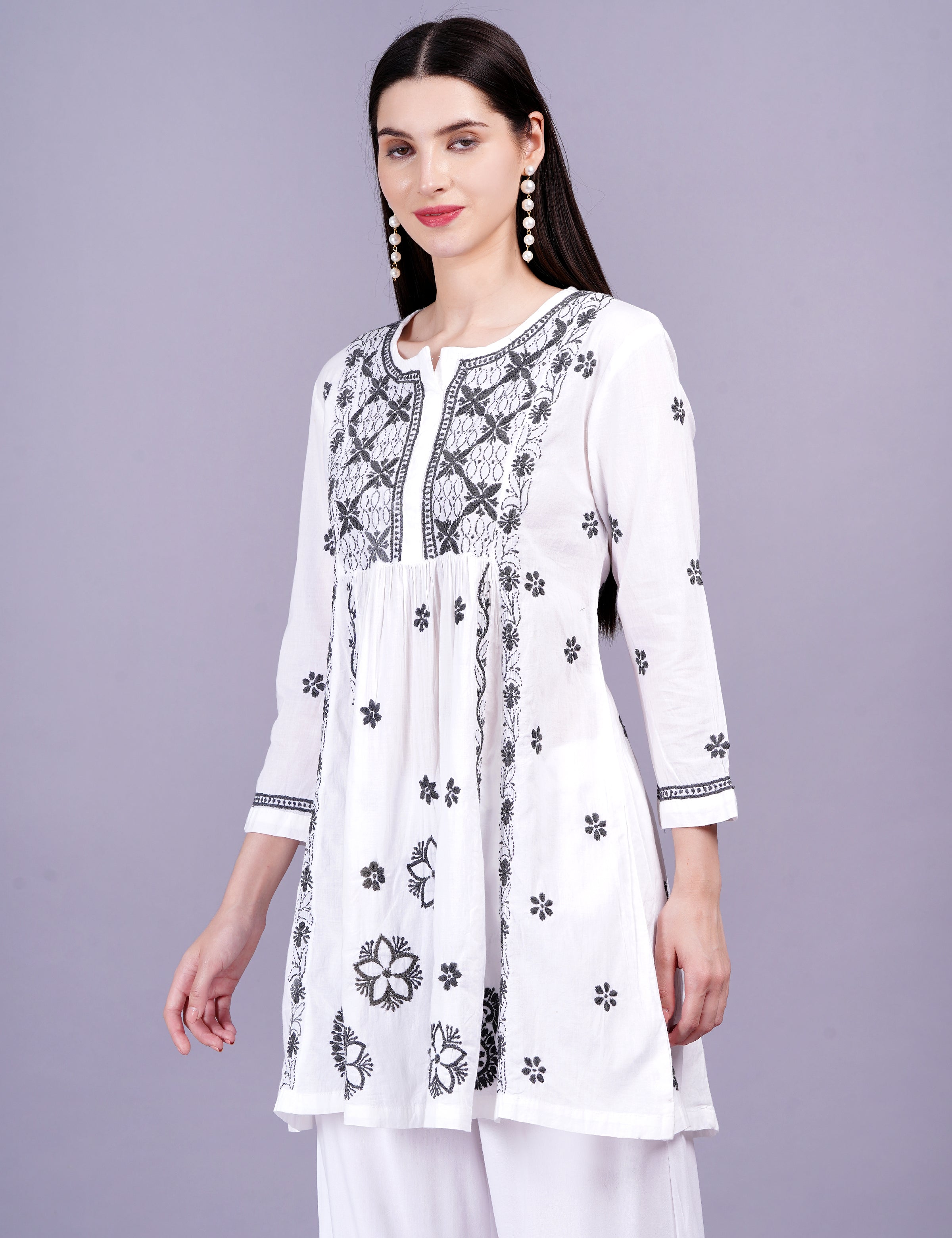 Women's White Dress Gray Color Thread Chikankari Dress
