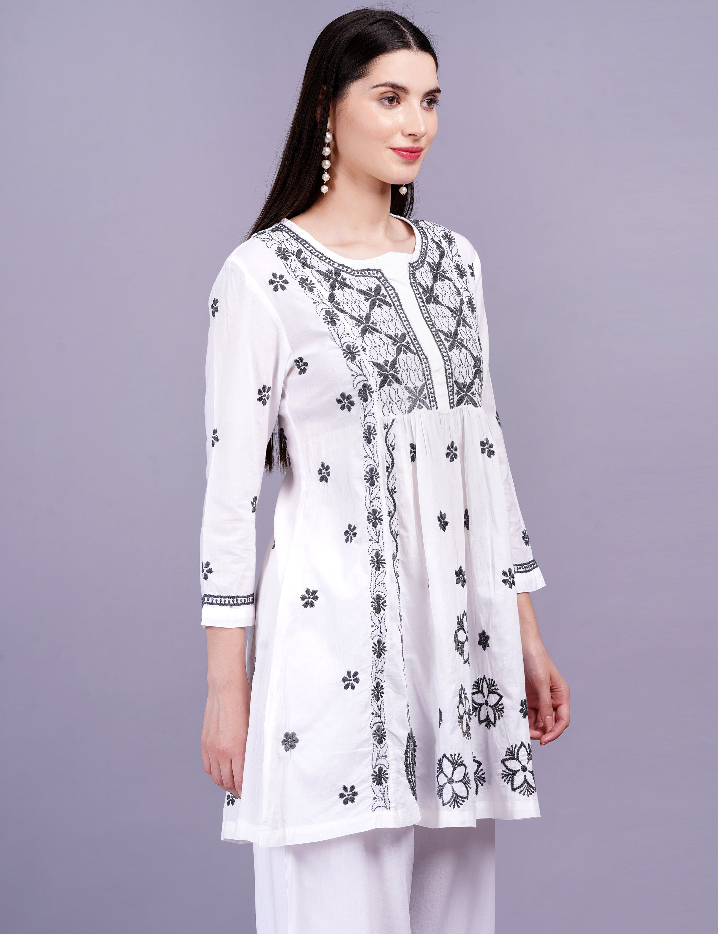 Women's White Dress Gray Color Thread Chikankari Dress