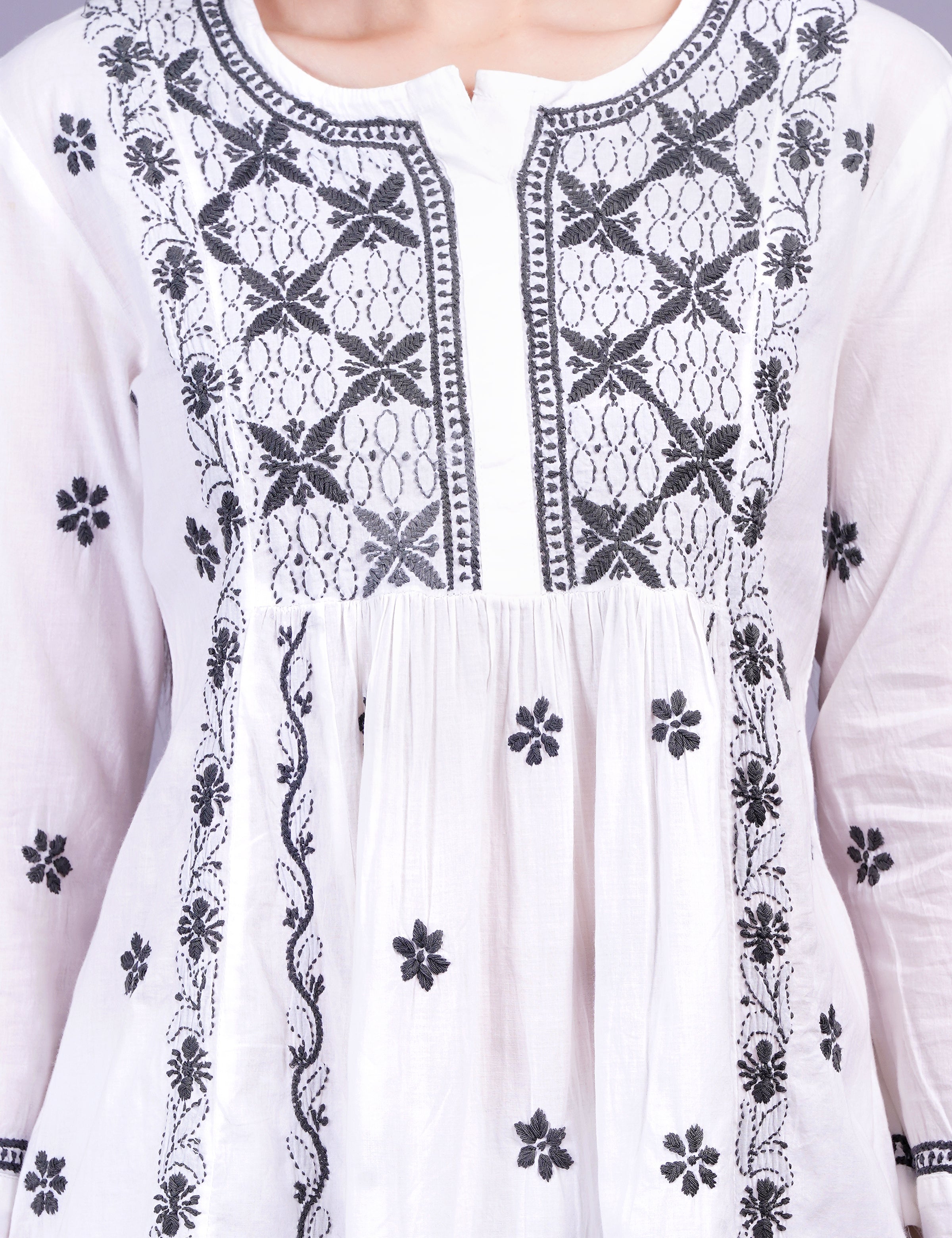 Women's White Dress Gray Color Thread Chikankari Dress