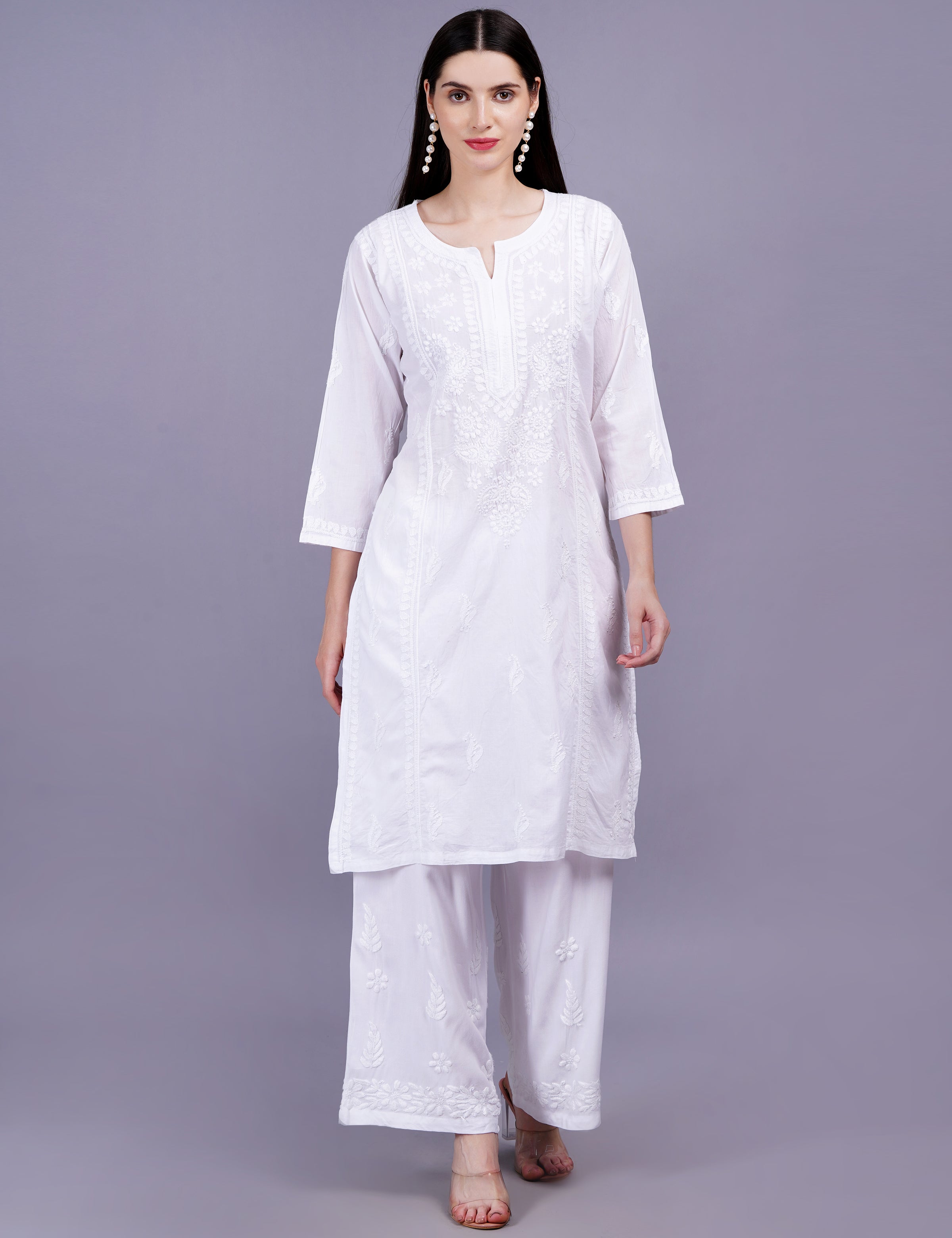 Women's White Straight Chikankari Kurta