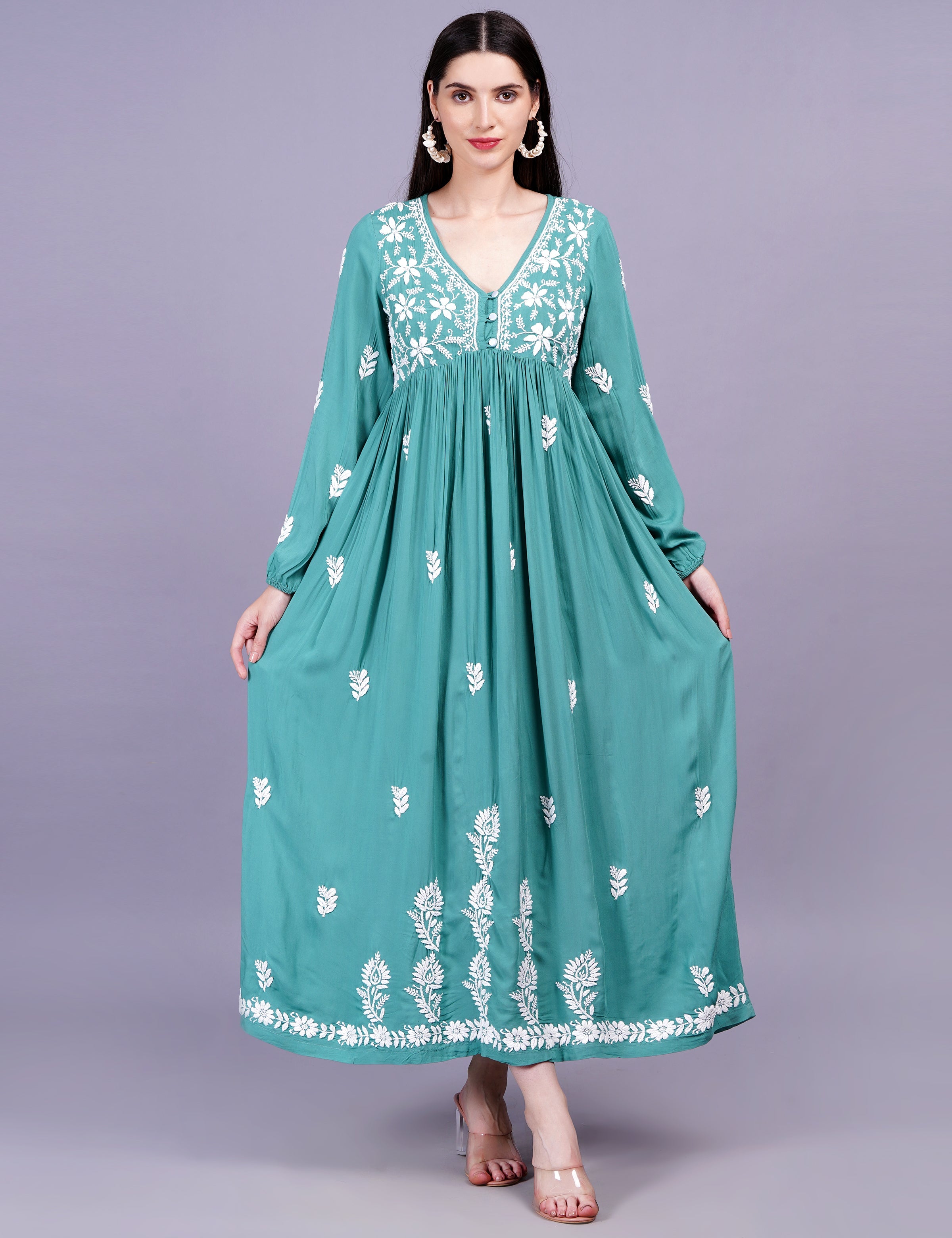 Women's Modal Cotton Green Dress Chikankari Work
