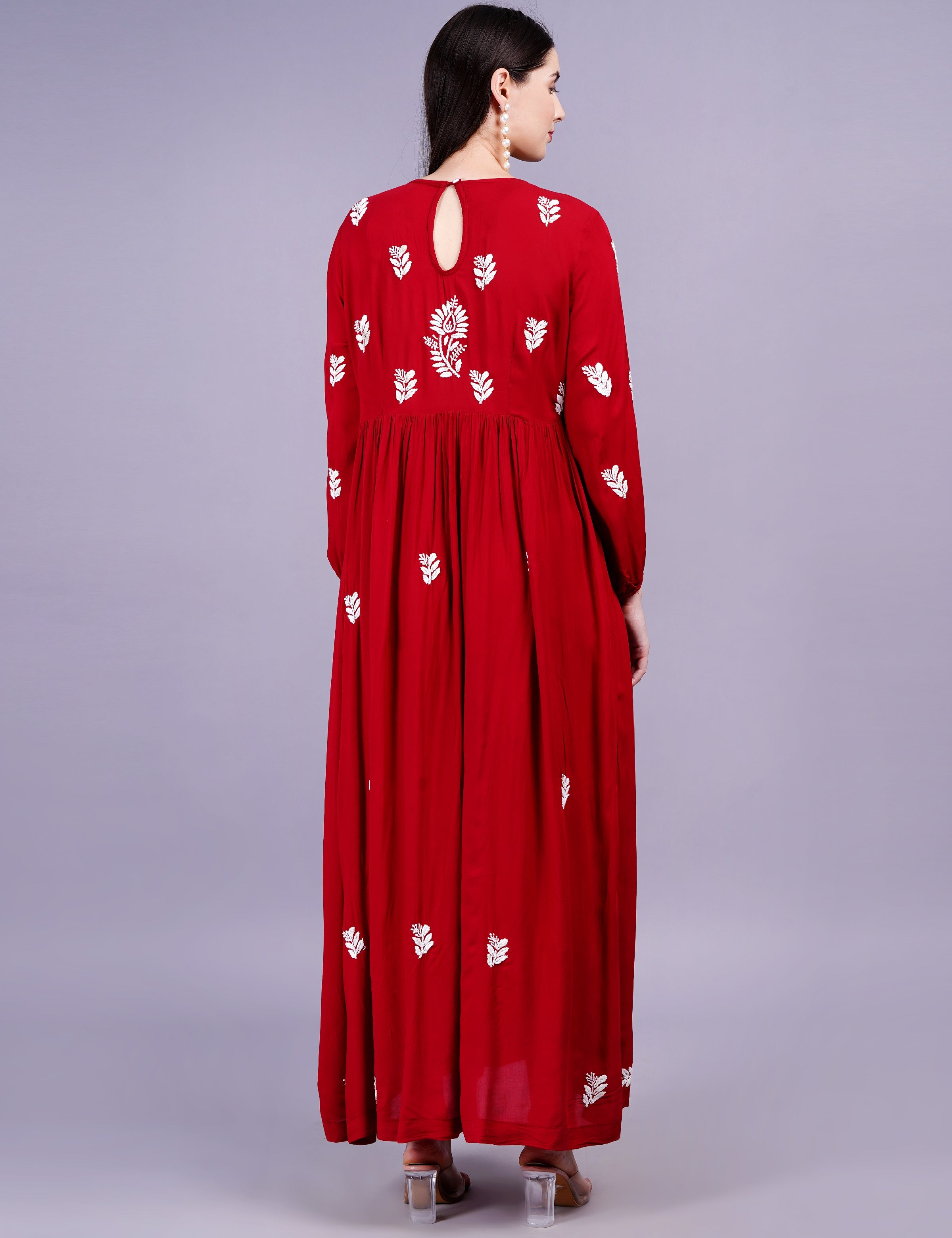Women's Modal Cotton Red Dress Chikankari Work