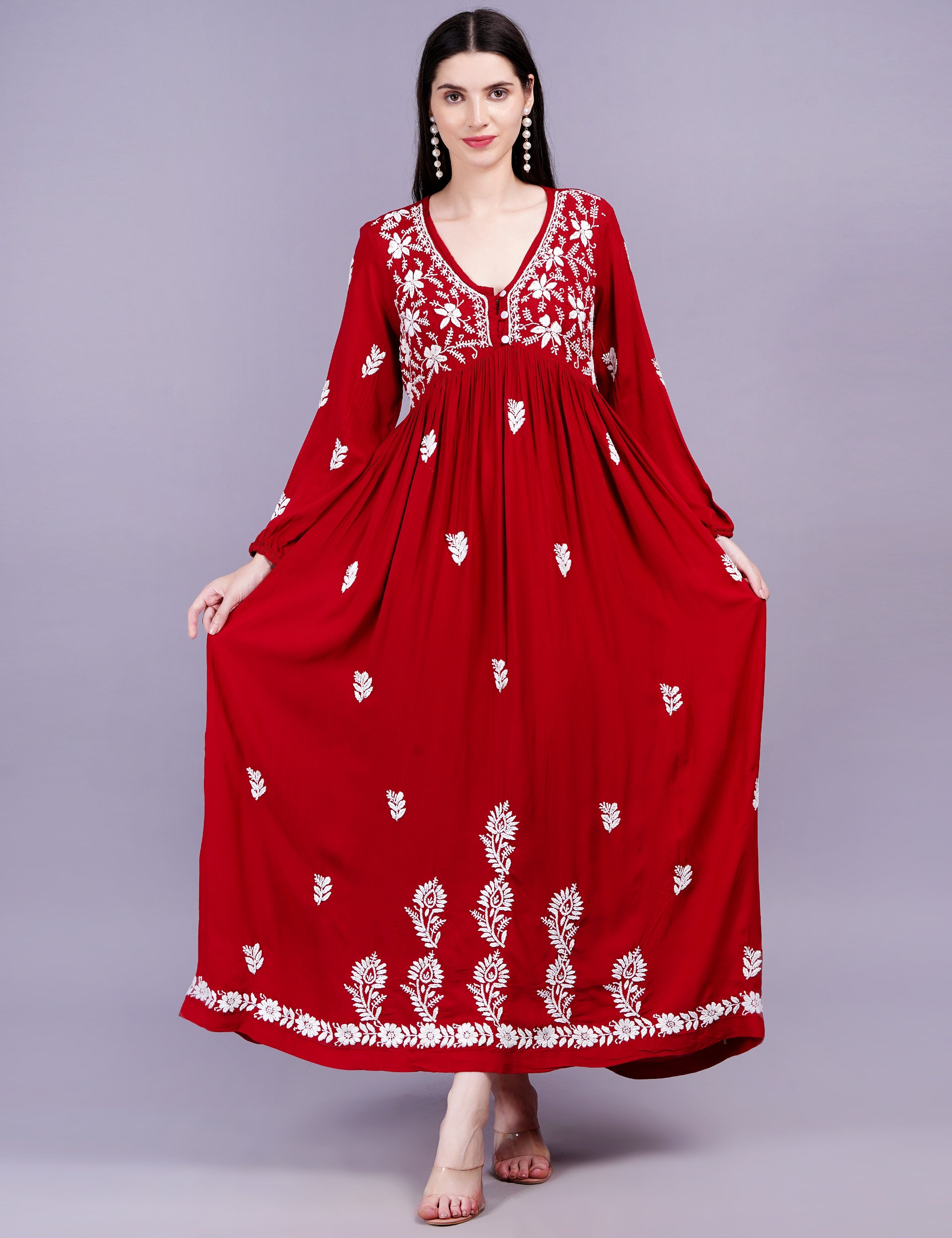 Women's Modal Cotton Red Dress Chikankari Work