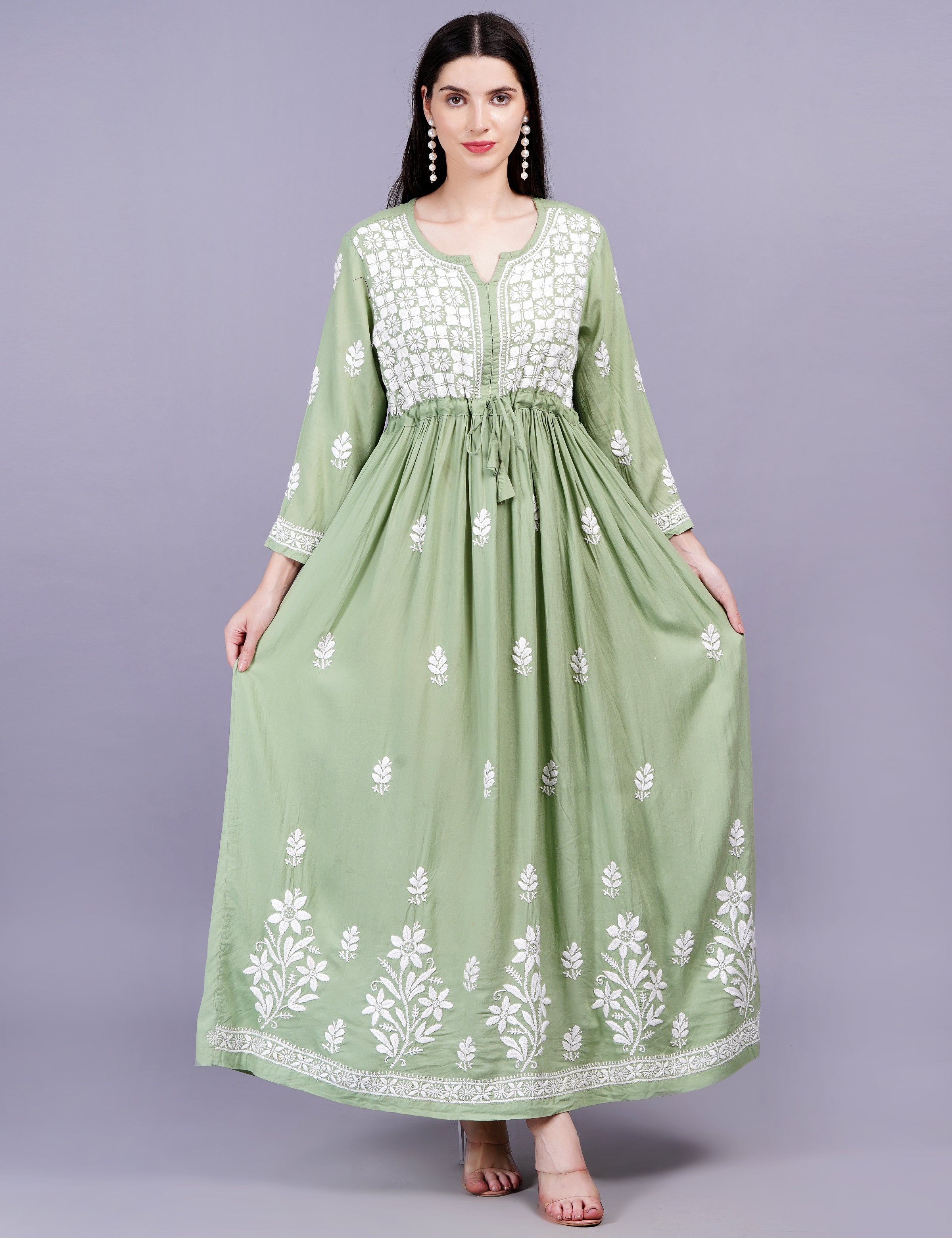 Women's Modal Cotton Pista Green Dress Chikankari Work