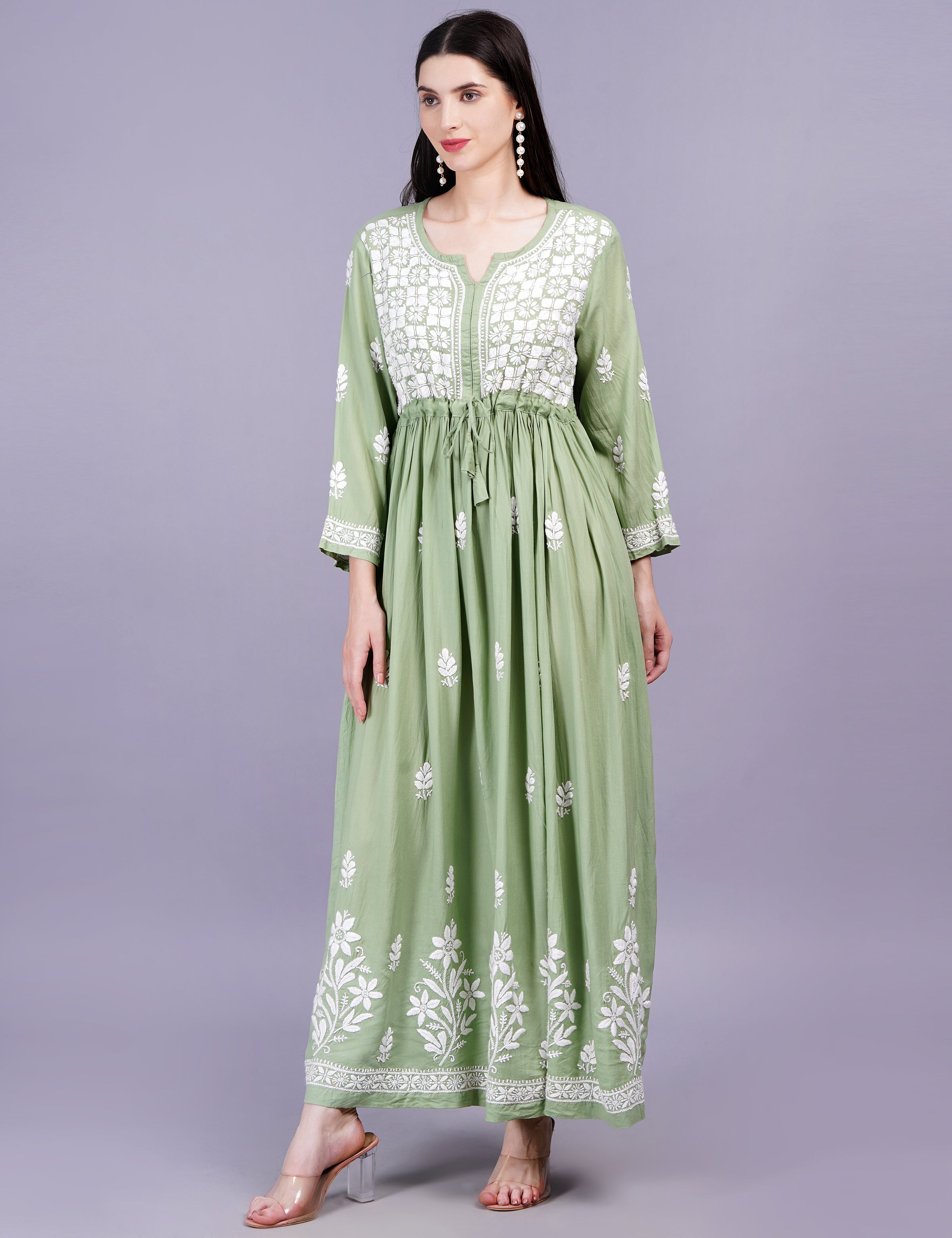 Women's Modal Cotton Pista Green Dress Chikankari Work
