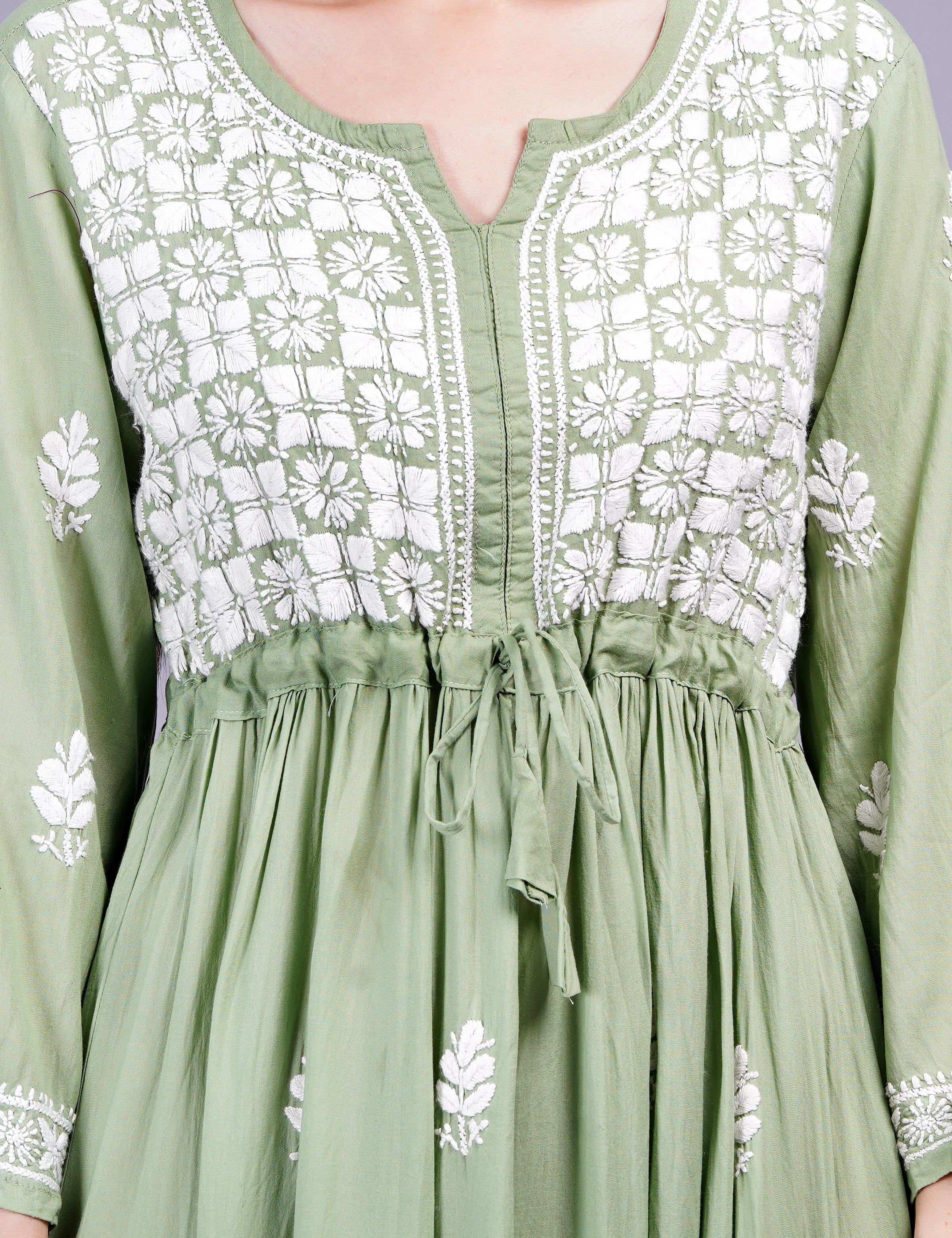 Women's Modal Cotton Pista Green Dress Chikankari Work