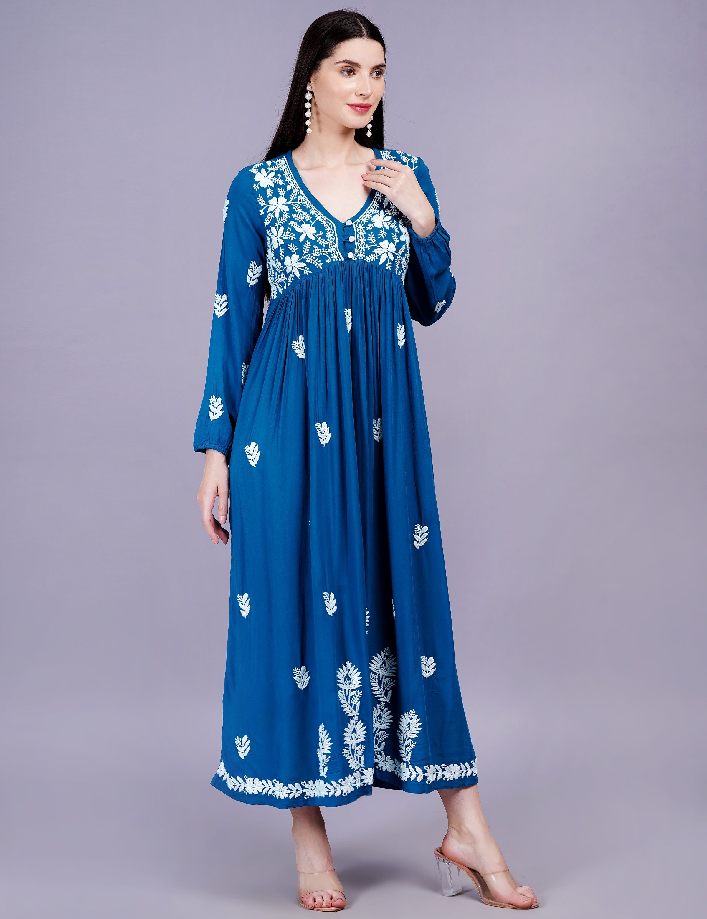 Women's Modal Coton Blue Dress Chikankari Work