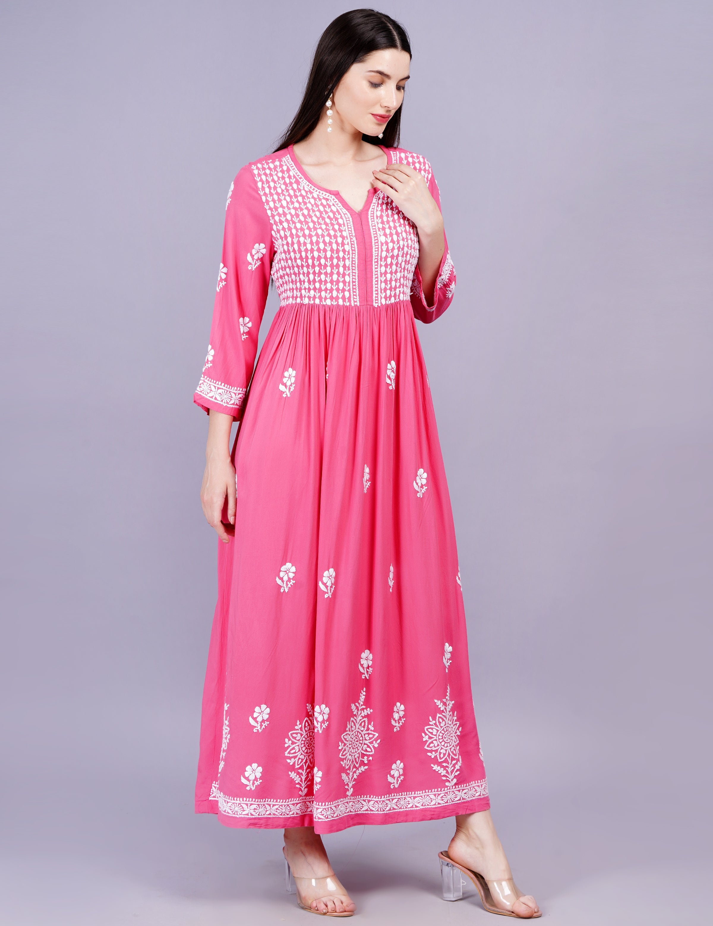 Women's Rayon Cotton Pink Color Dress Chikankari Work