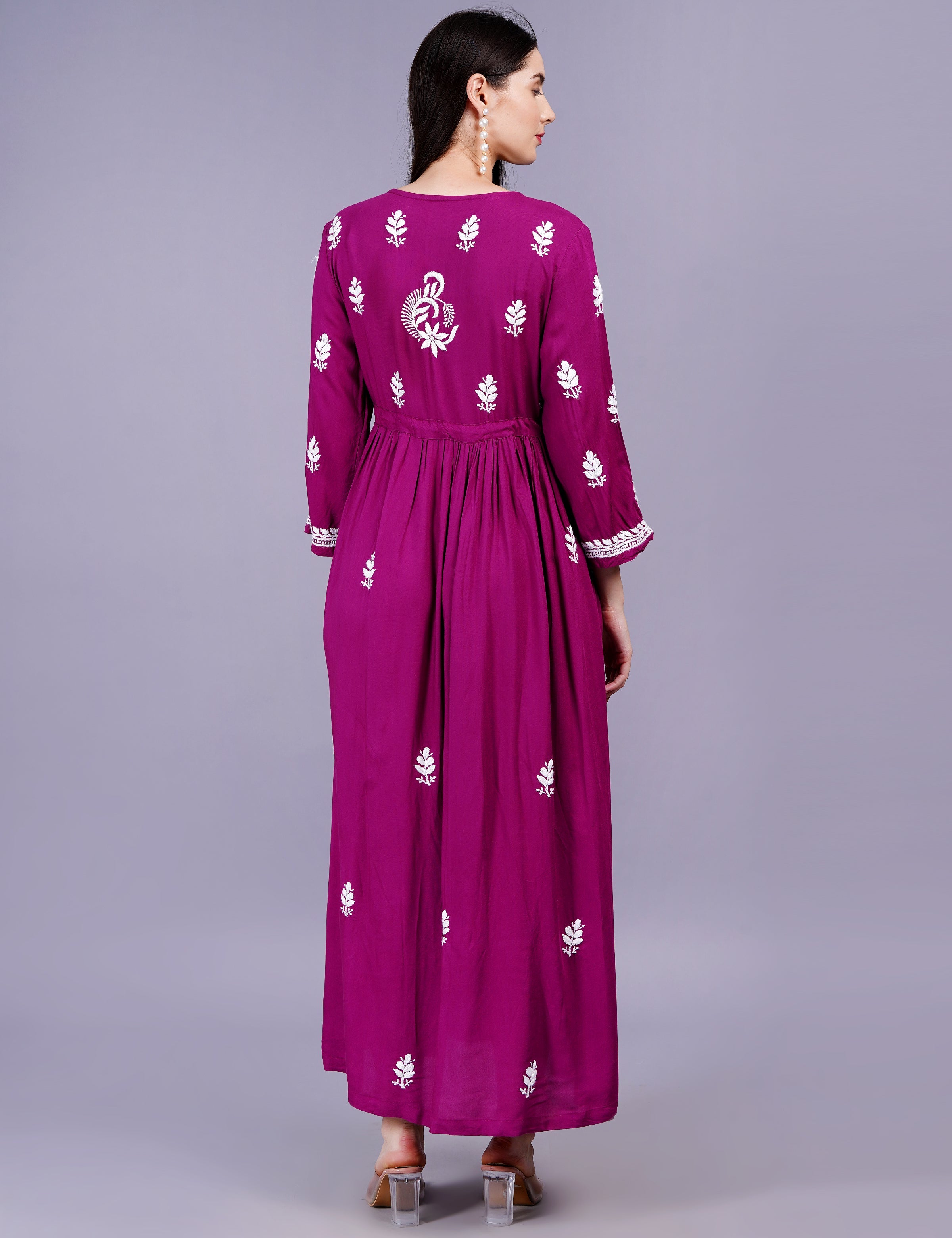 Women's Modal Cotton Wine Color Chikankari Dress