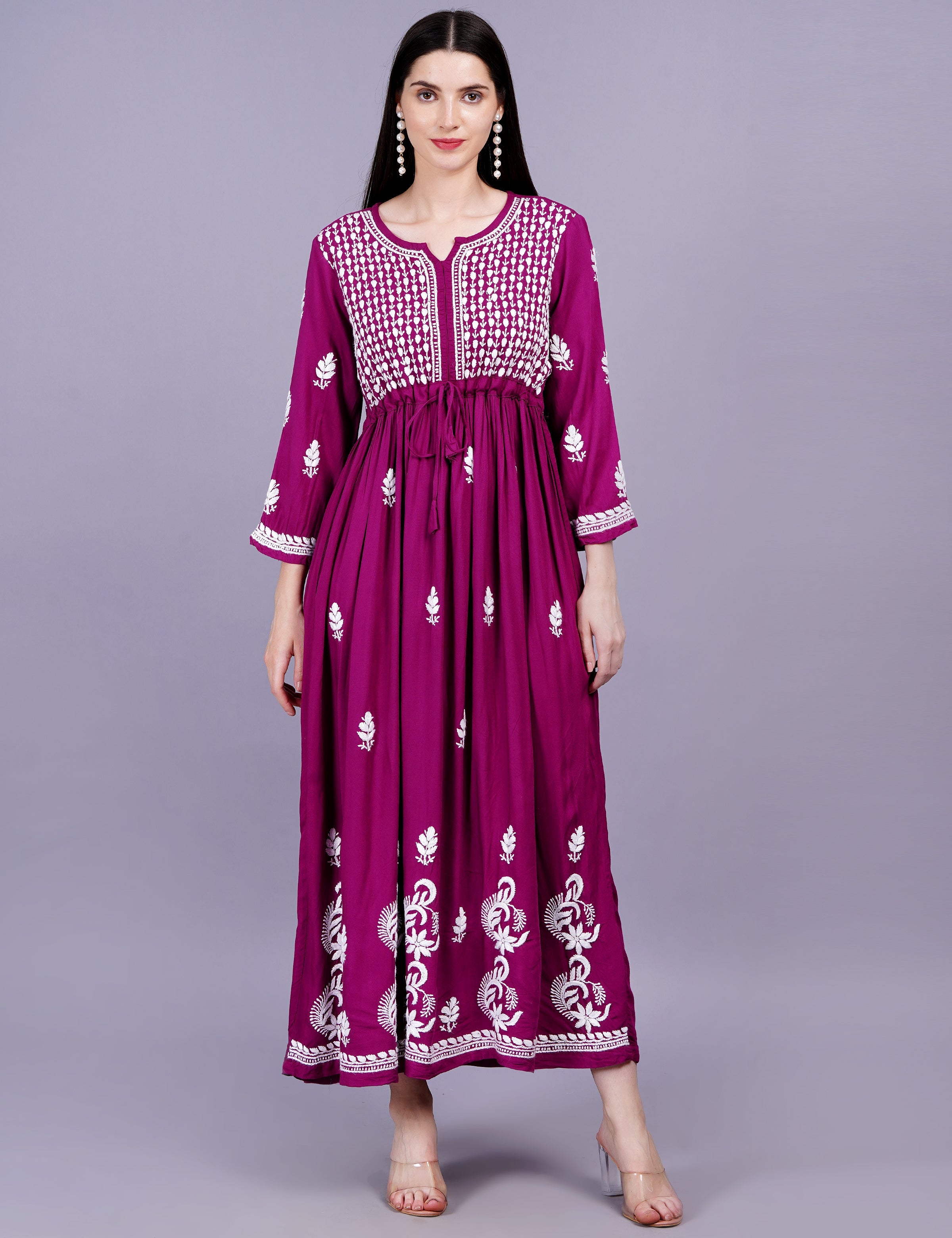 Women's Modal Cotton Wine Color Chikankari Dress