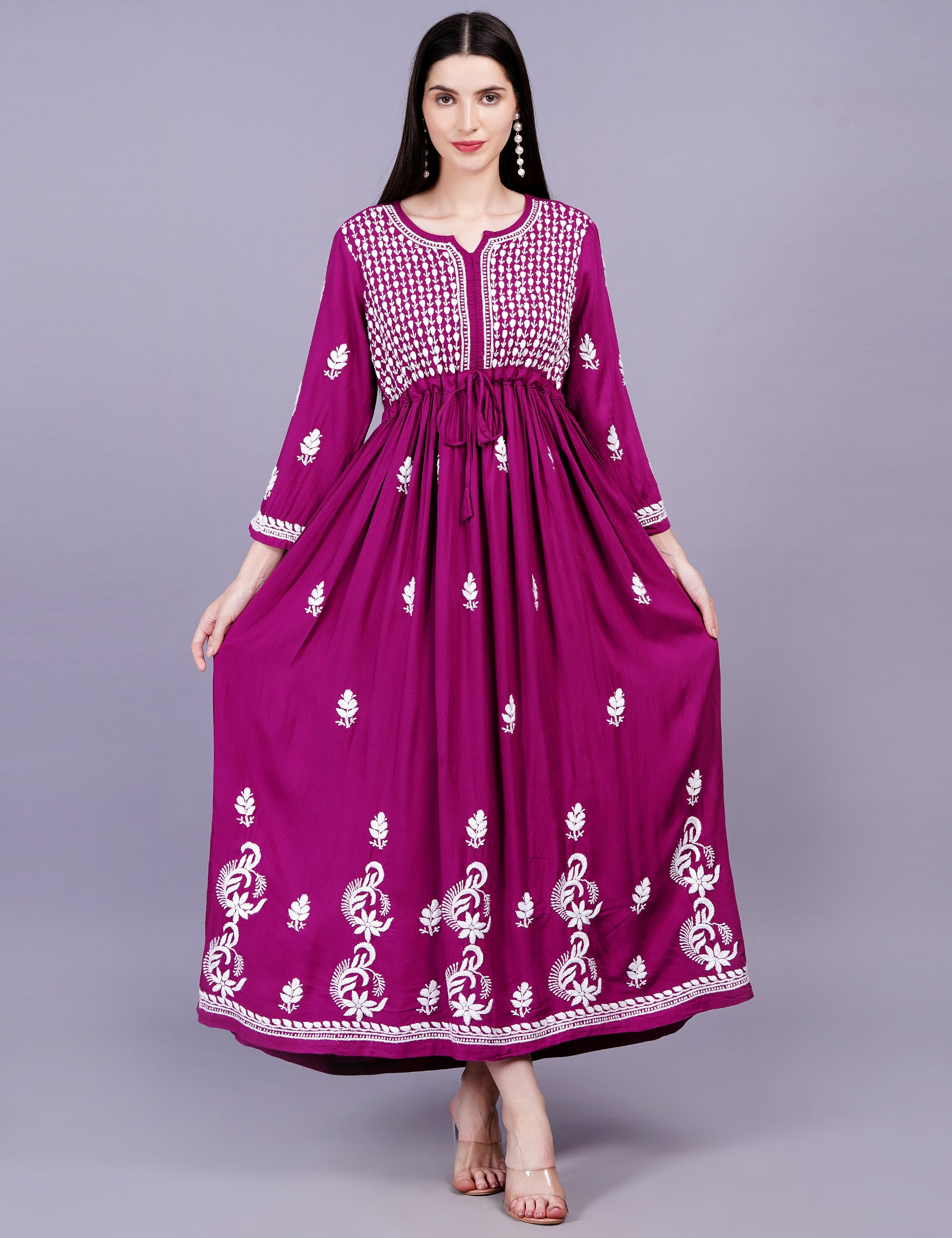 Women's Modal Cotton Wine Color Chikankari Dress