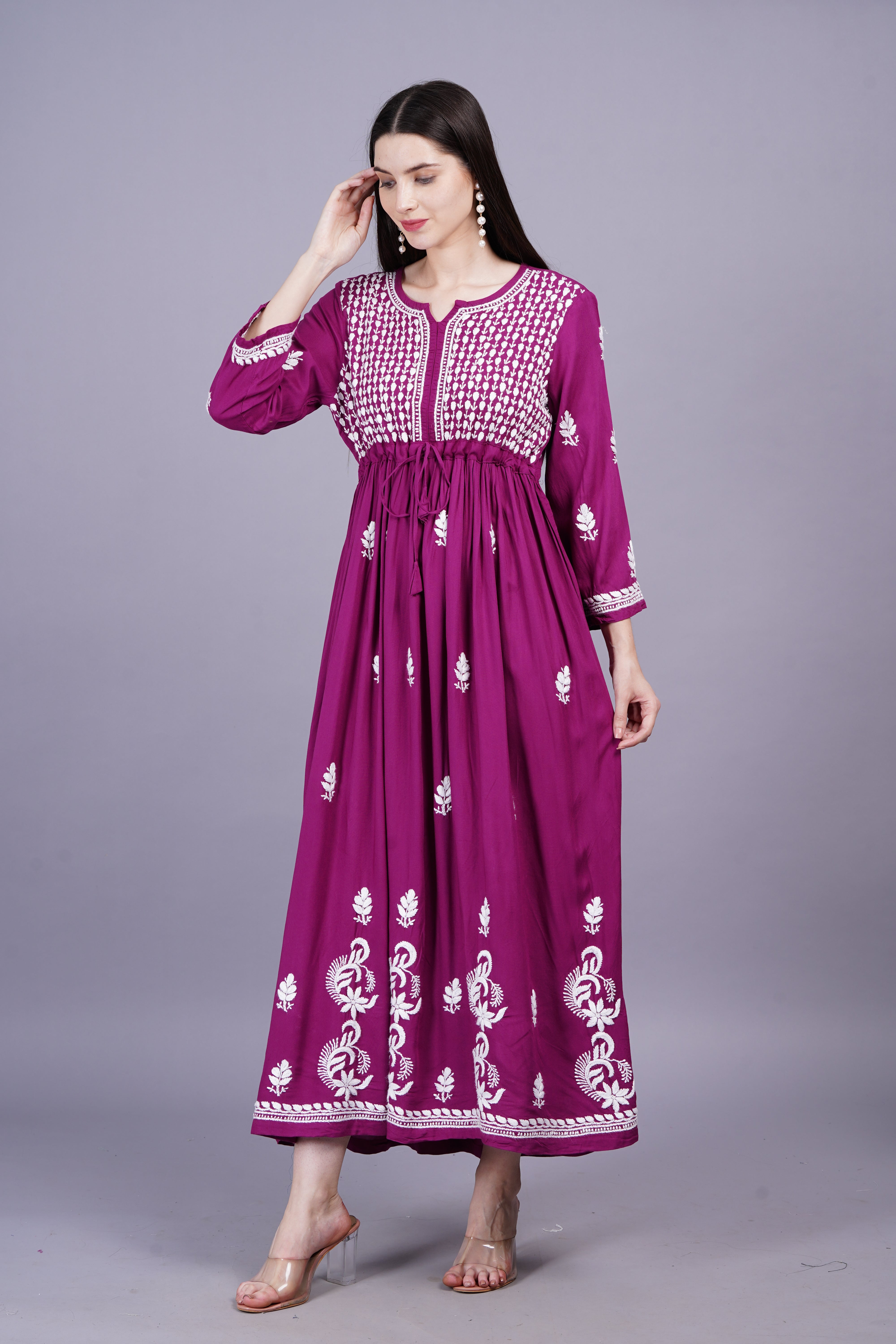 Women's Modal Cotton Wine Color Chikankari Dress