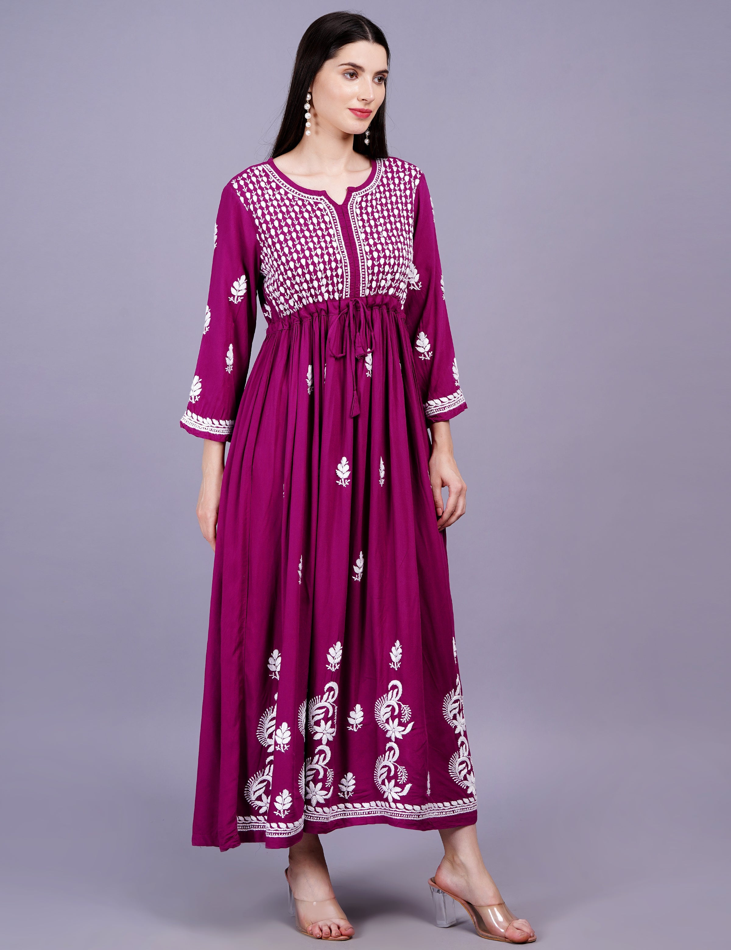 Women's Modal Cotton Wine Color Chikankari Dress