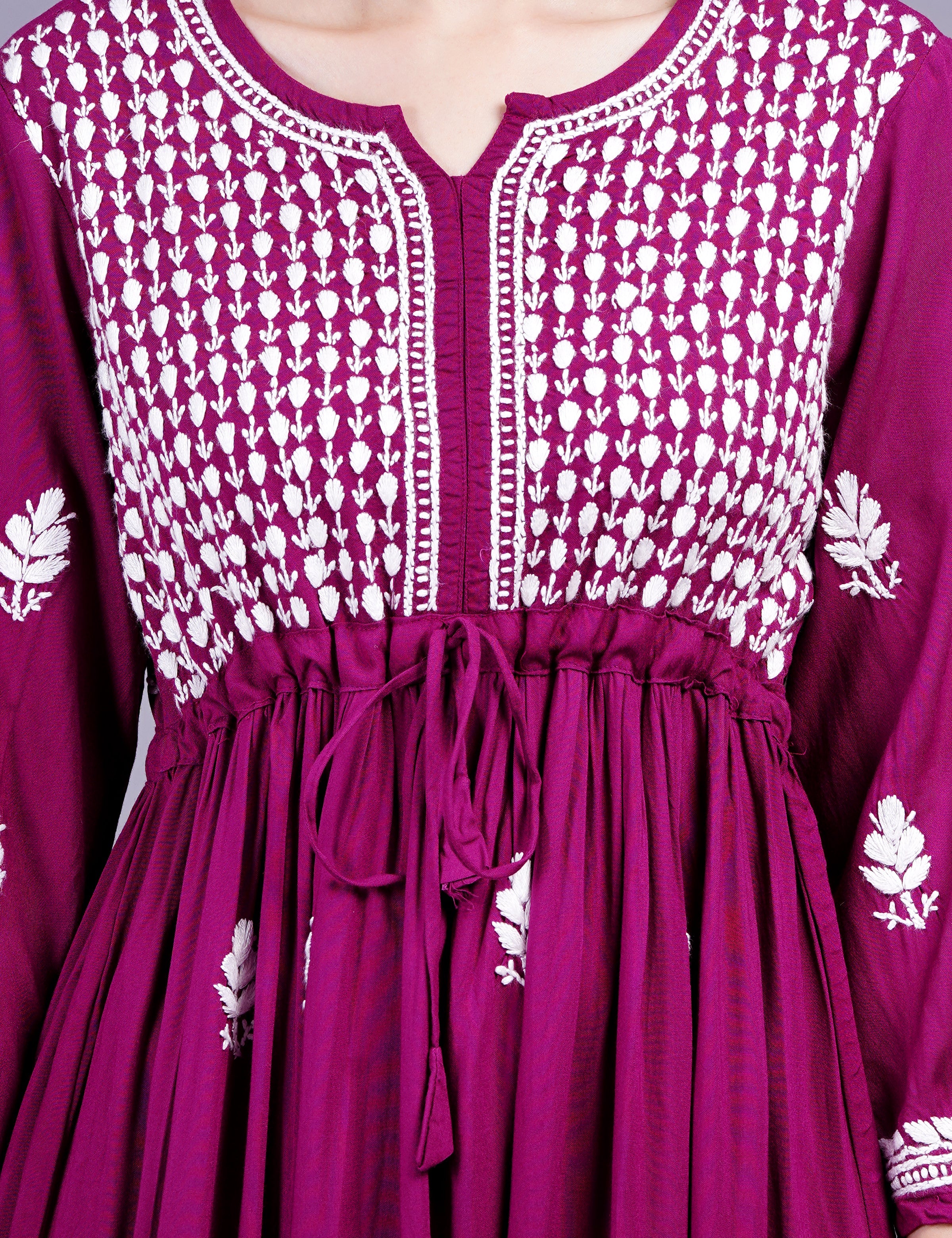 Women's Modal Cotton Wine Color Chikankari Dress