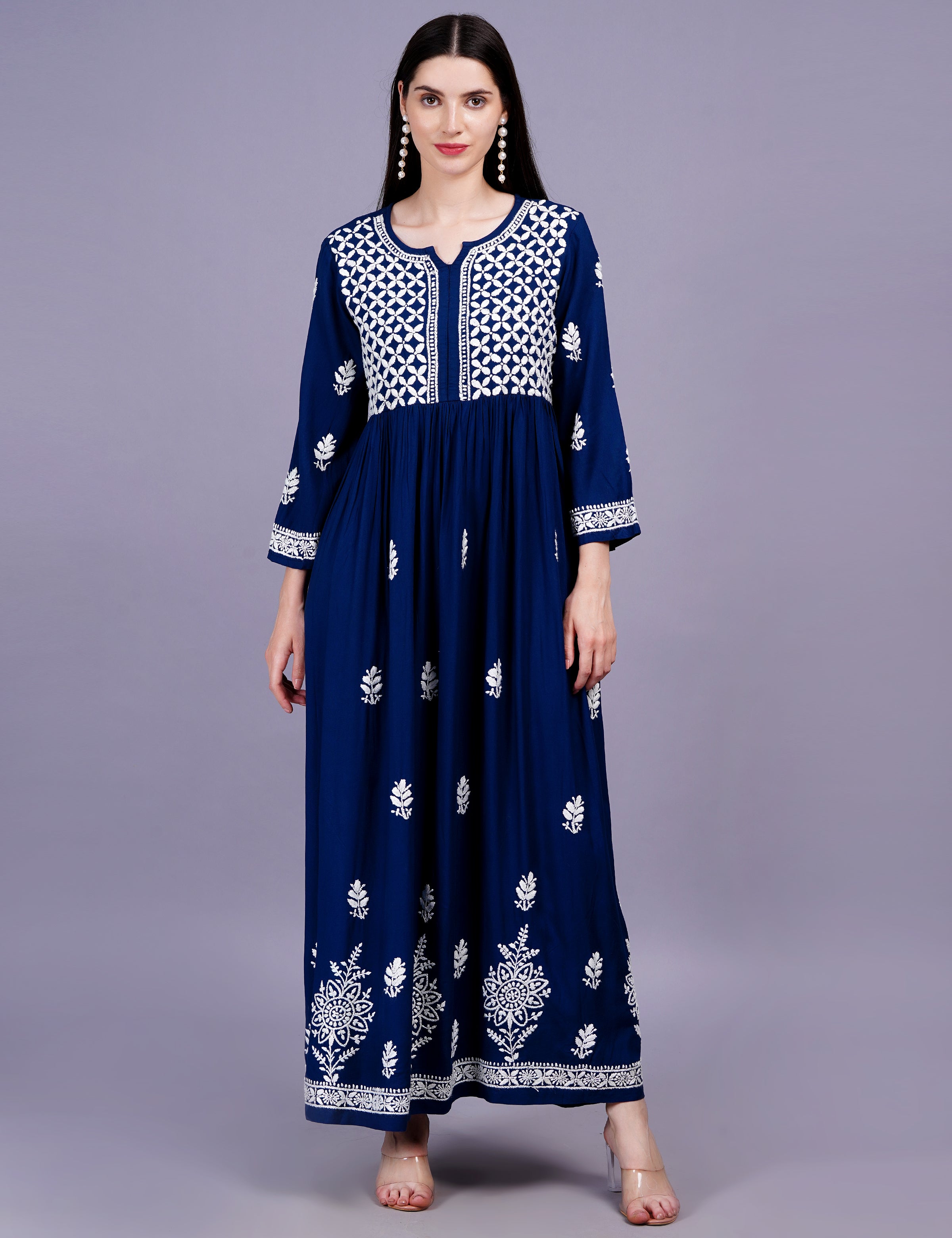Women's Rayon Cotton Navy Blue Color Dress Chikankari Work