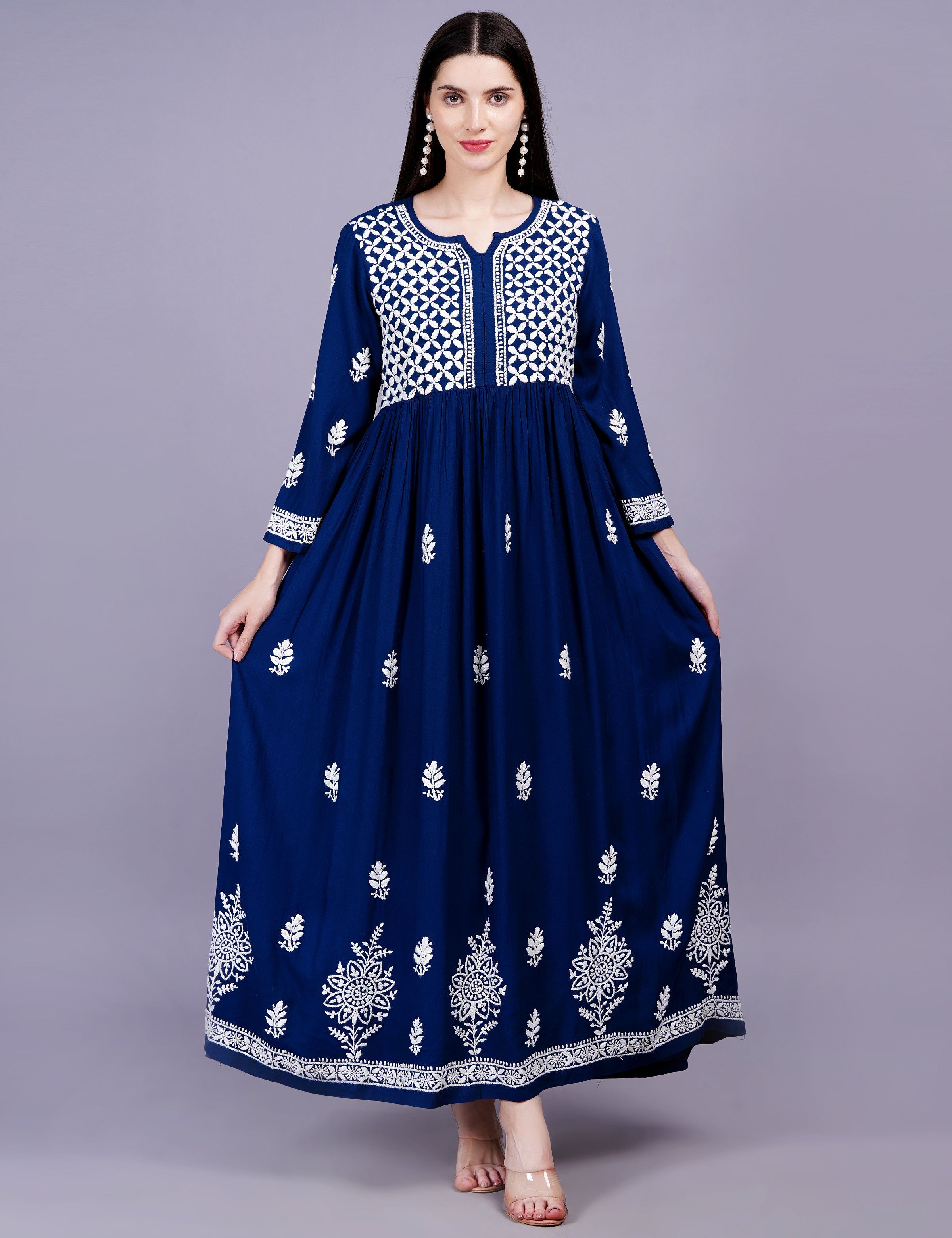 Women's Rayon Cotton Navy Blue Color Dress Chikankari Work