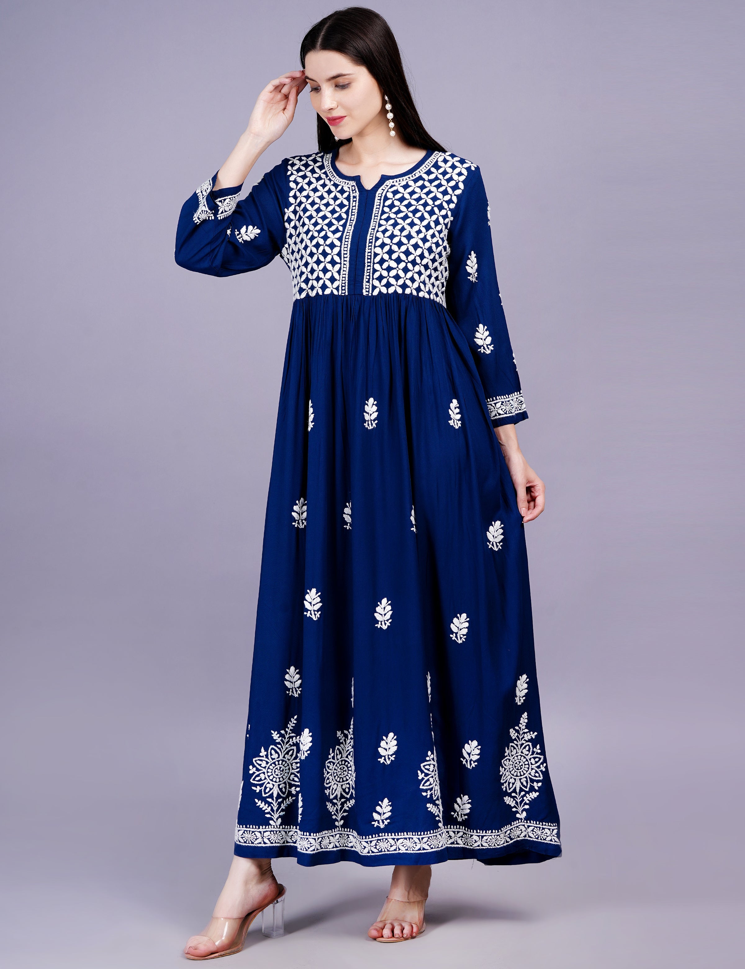 Women's Rayon Cotton Navy Blue Color Dress Chikankari Work