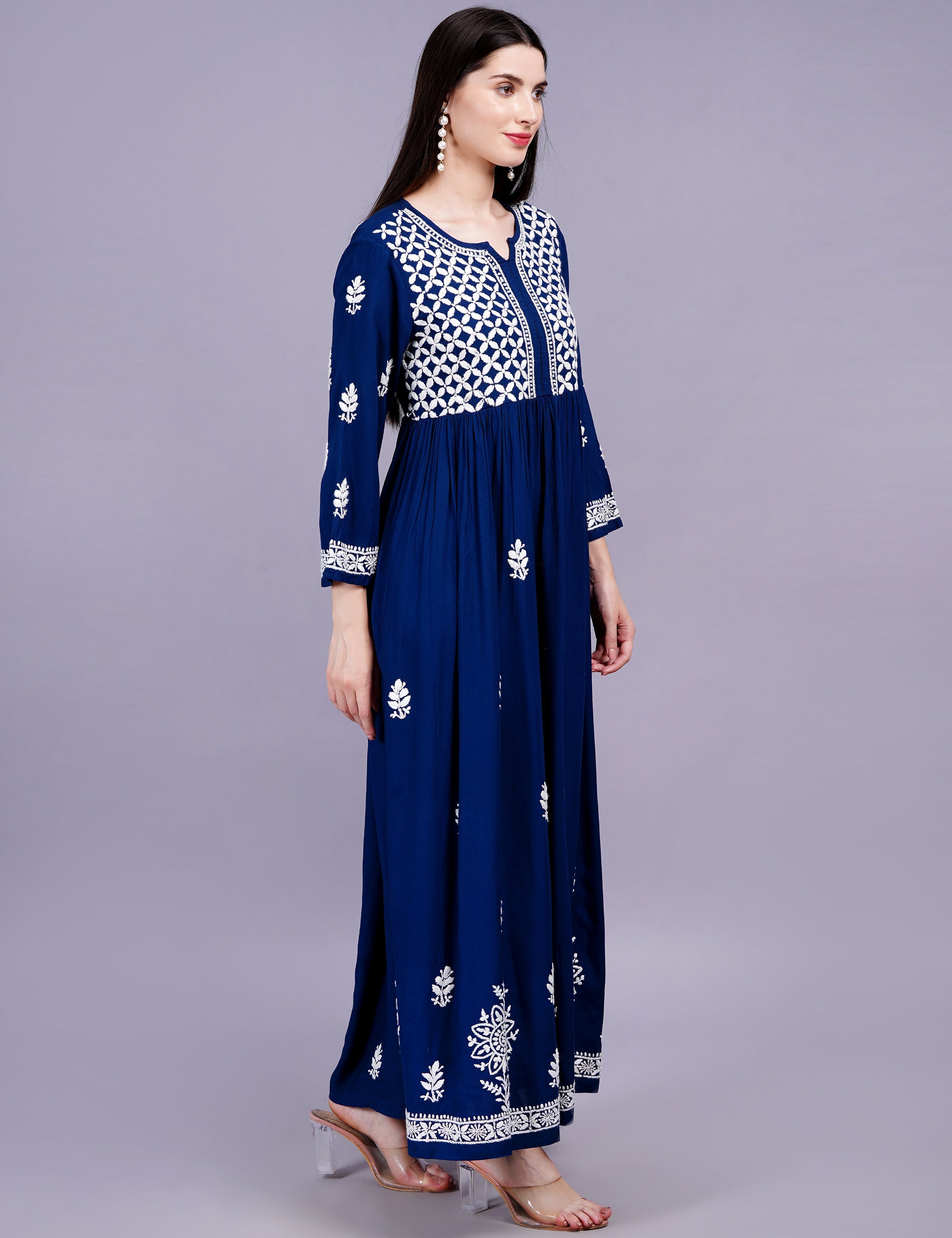 Women's Rayon Cotton Navy Blue Color Dress Chikankari Work