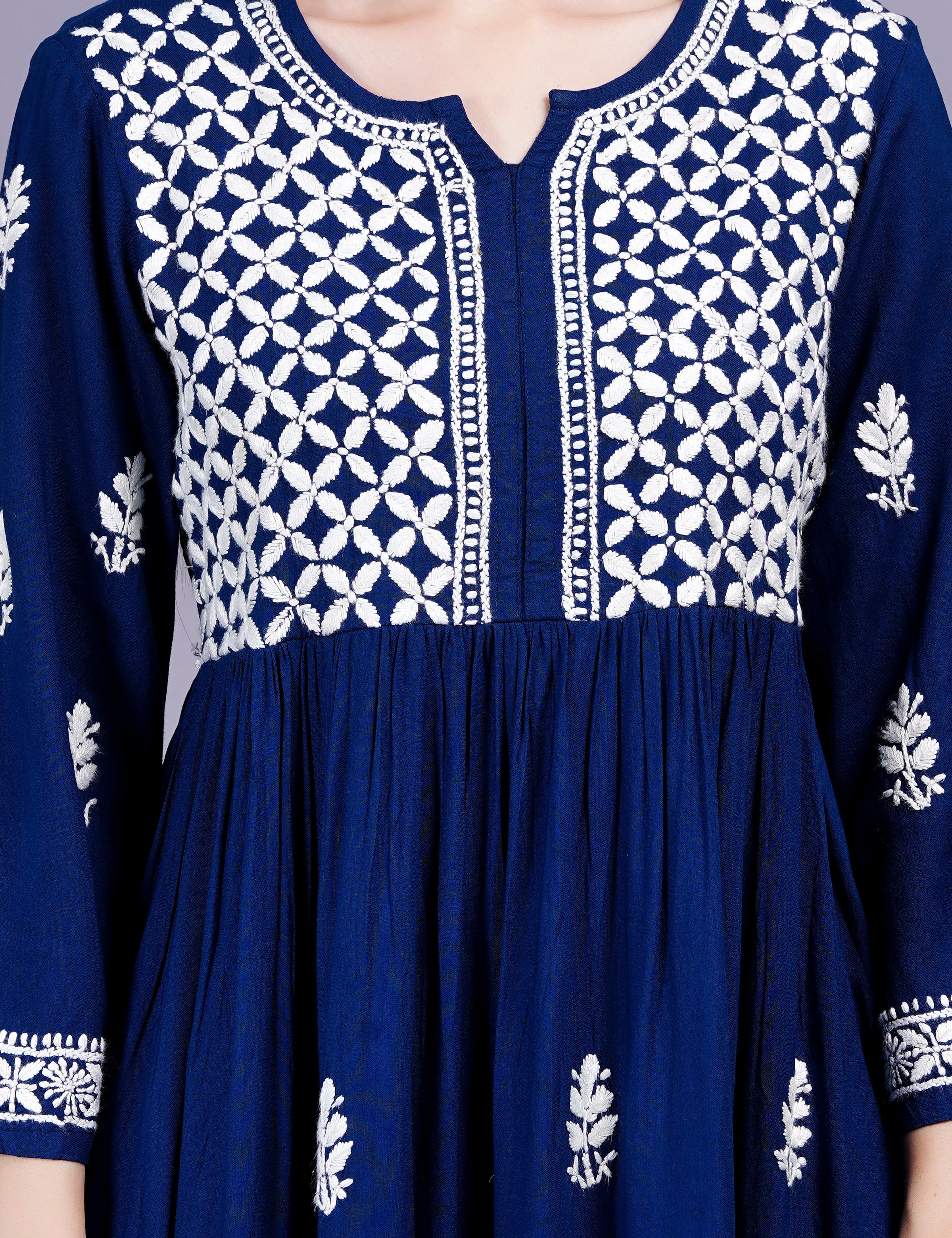 Women's Rayon Cotton Navy Blue Color Dress Chikankari Work