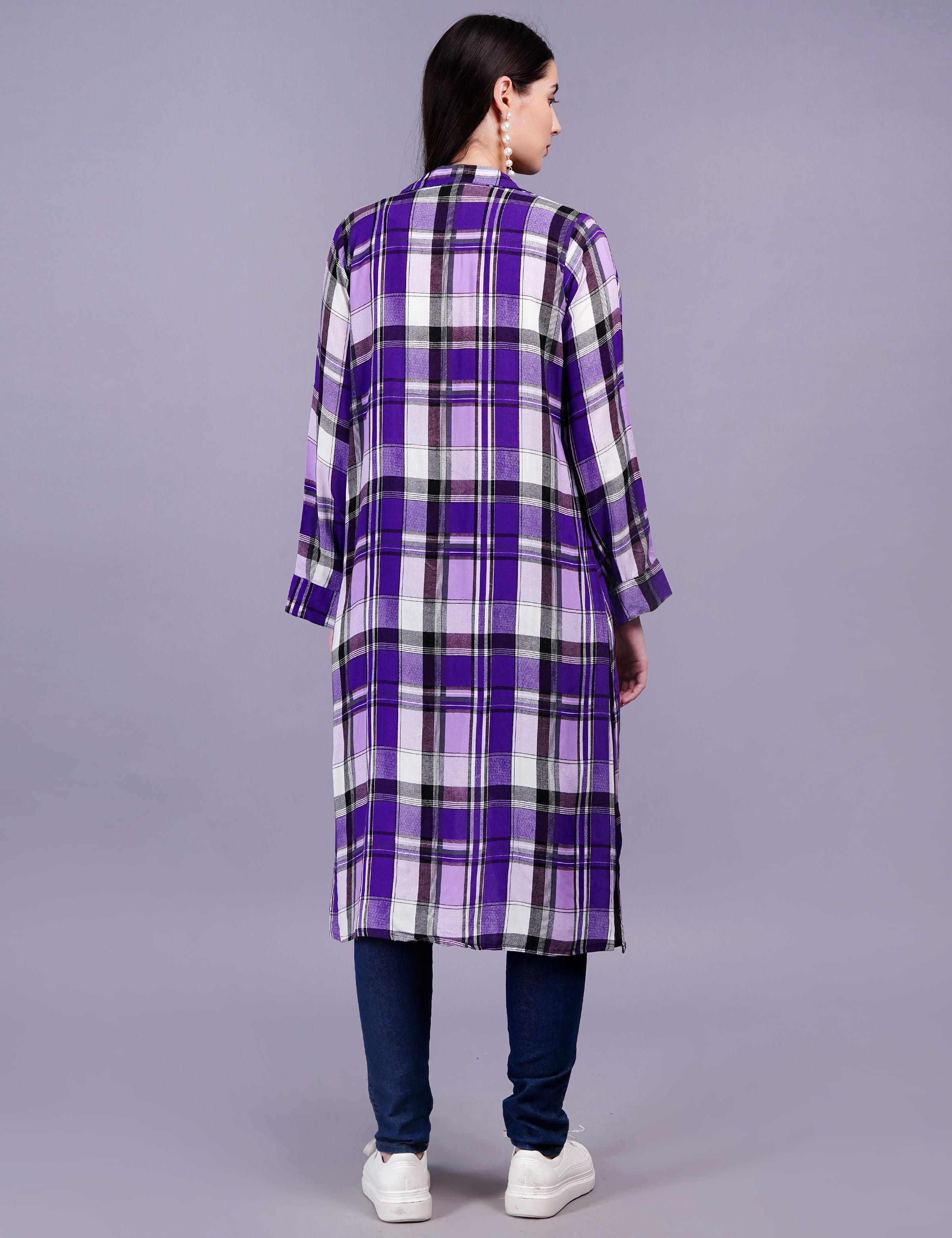 Women's Check Cotton Purple Color Shirt Style Shrug
