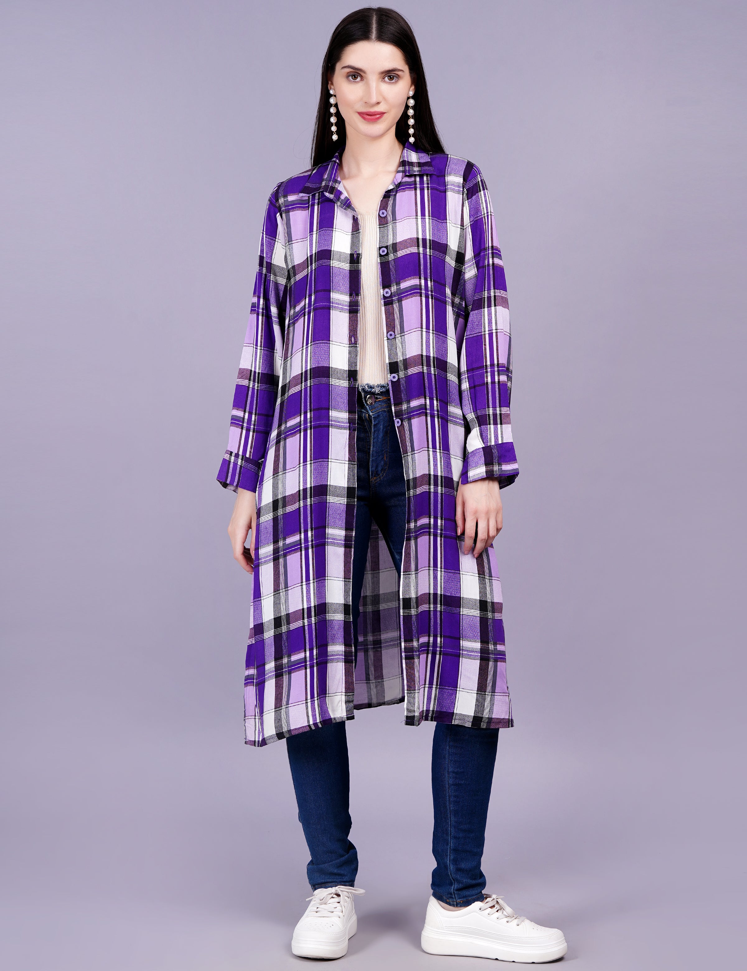 Women's Check Cotton Purple Color Shirt Style Shrug