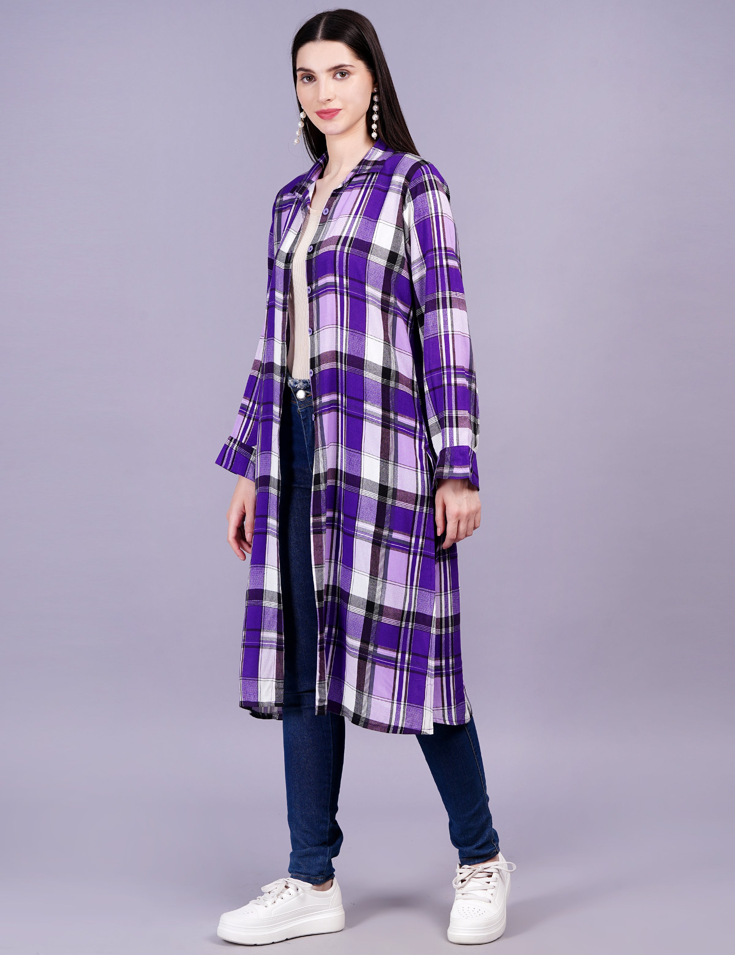 Women's Check Cotton Purple Color Shirt Style Shrug