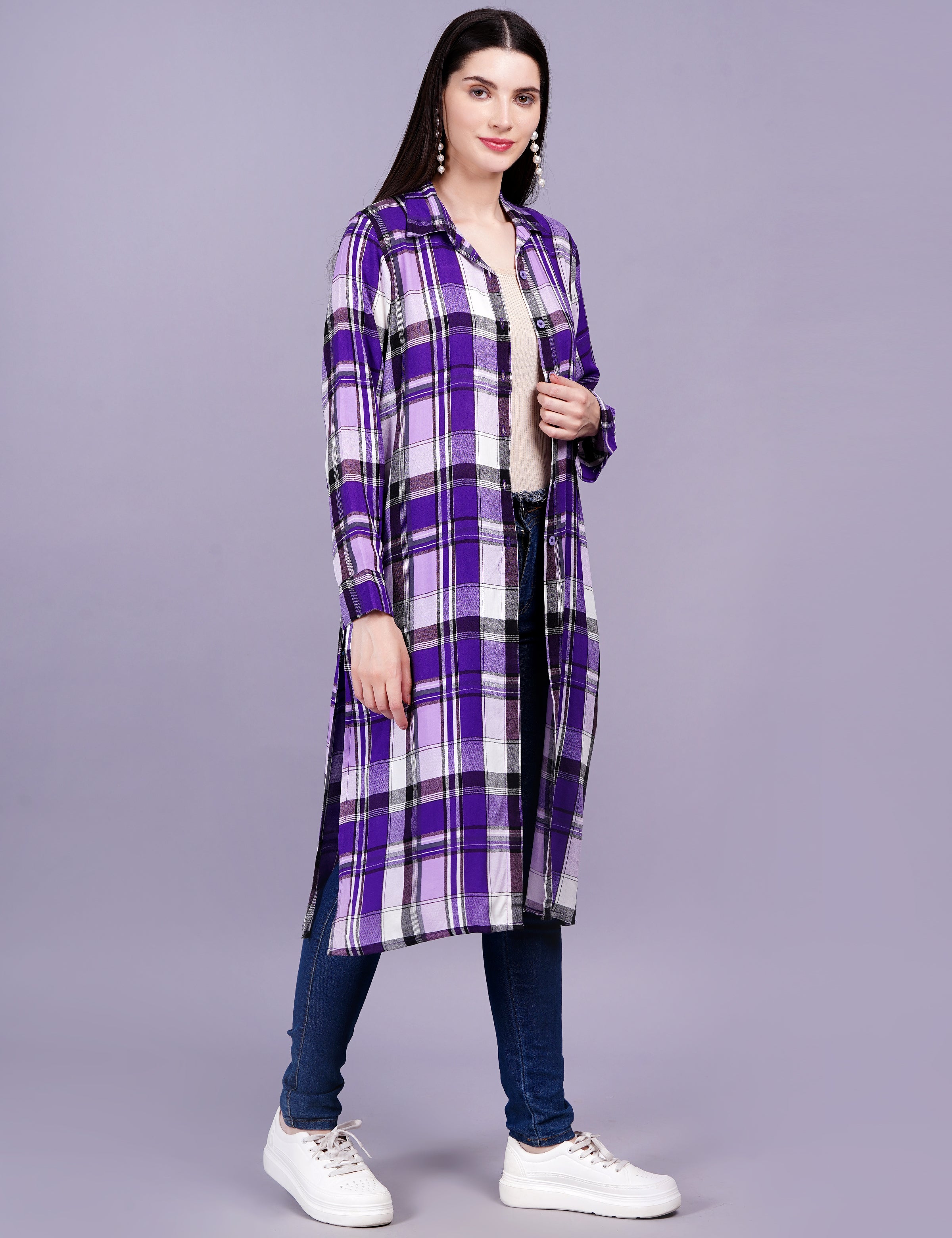 Women's Check Cotton Purple Color Shirt Style Shrug