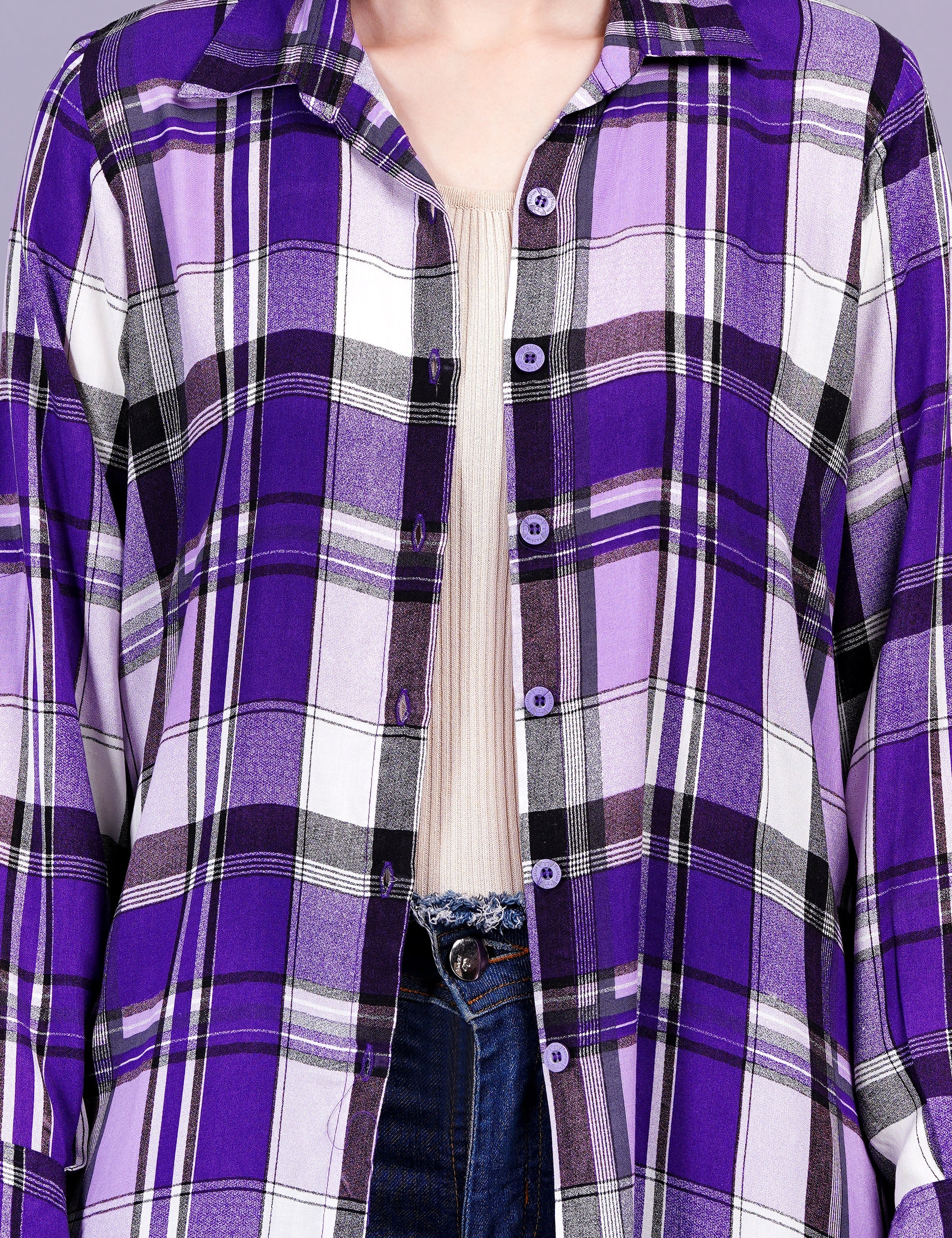 Women's Check Cotton Purple Color Shirt Style Shrug