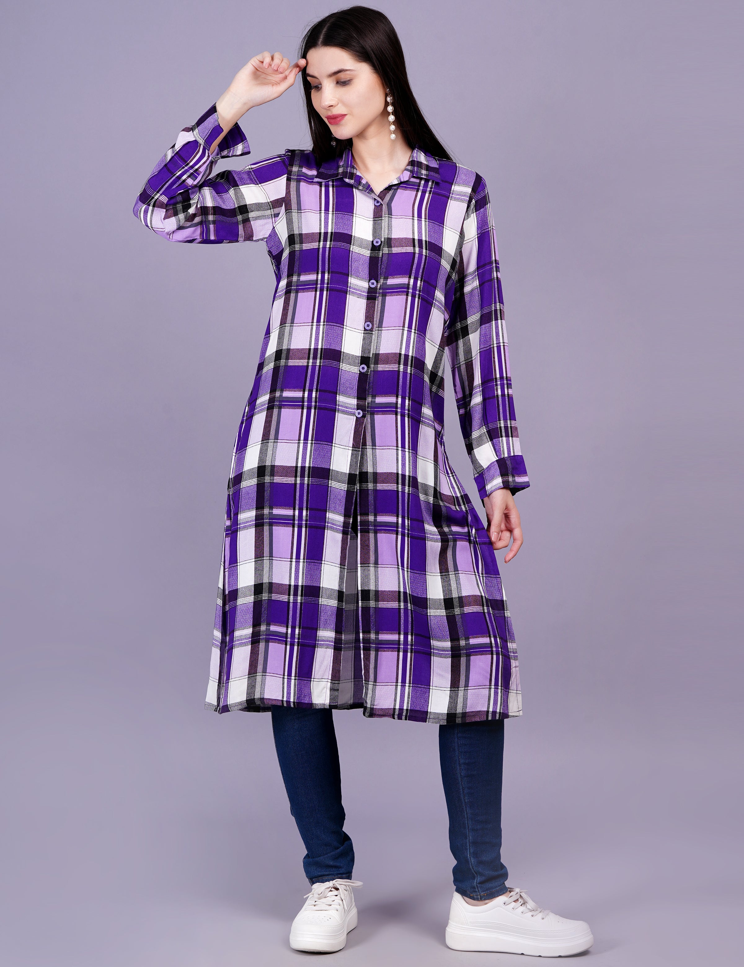 Women's Check Cotton Purple Color Shirt Style Shrug