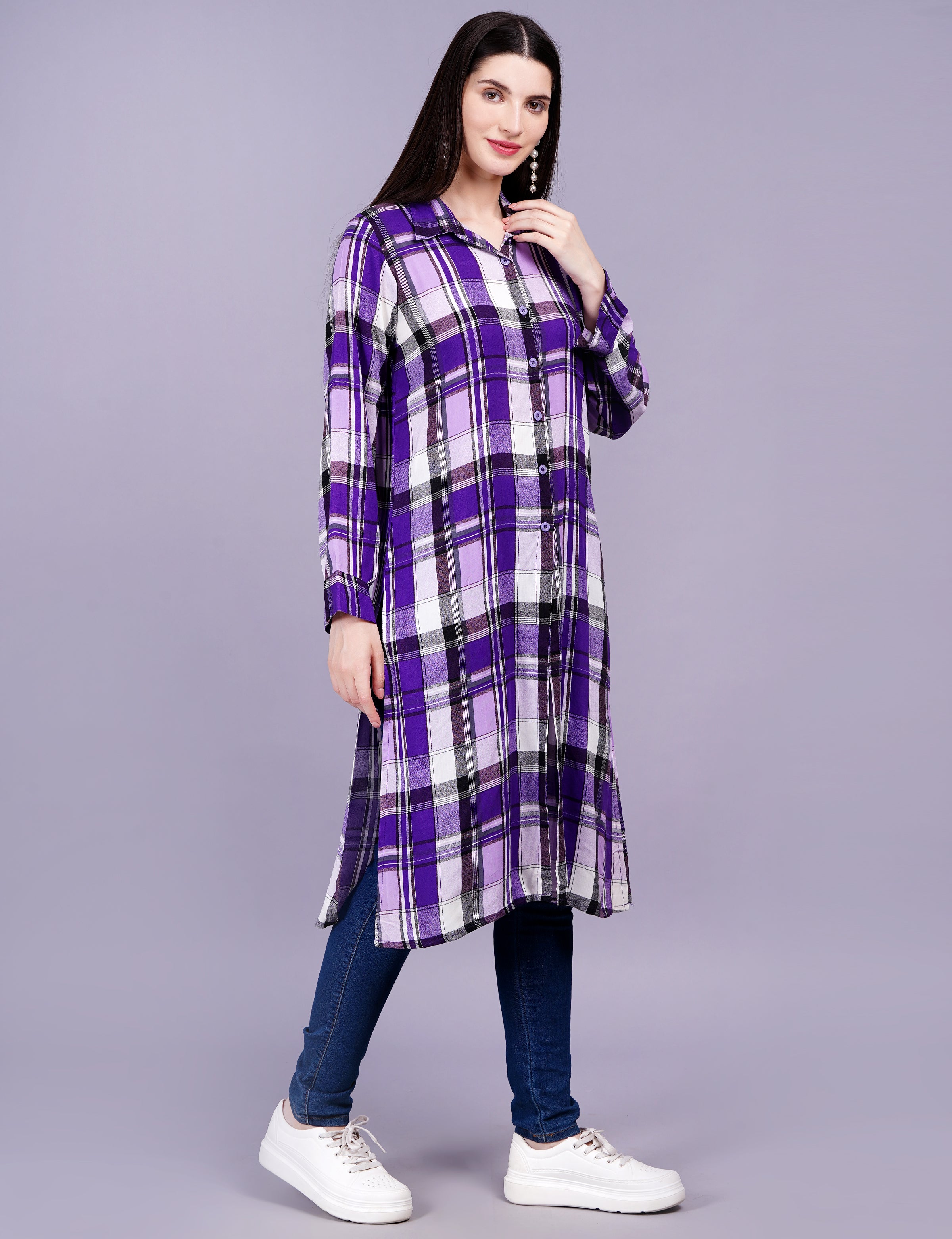 Women's Check Cotton Purple Color Shirt Style Shrug