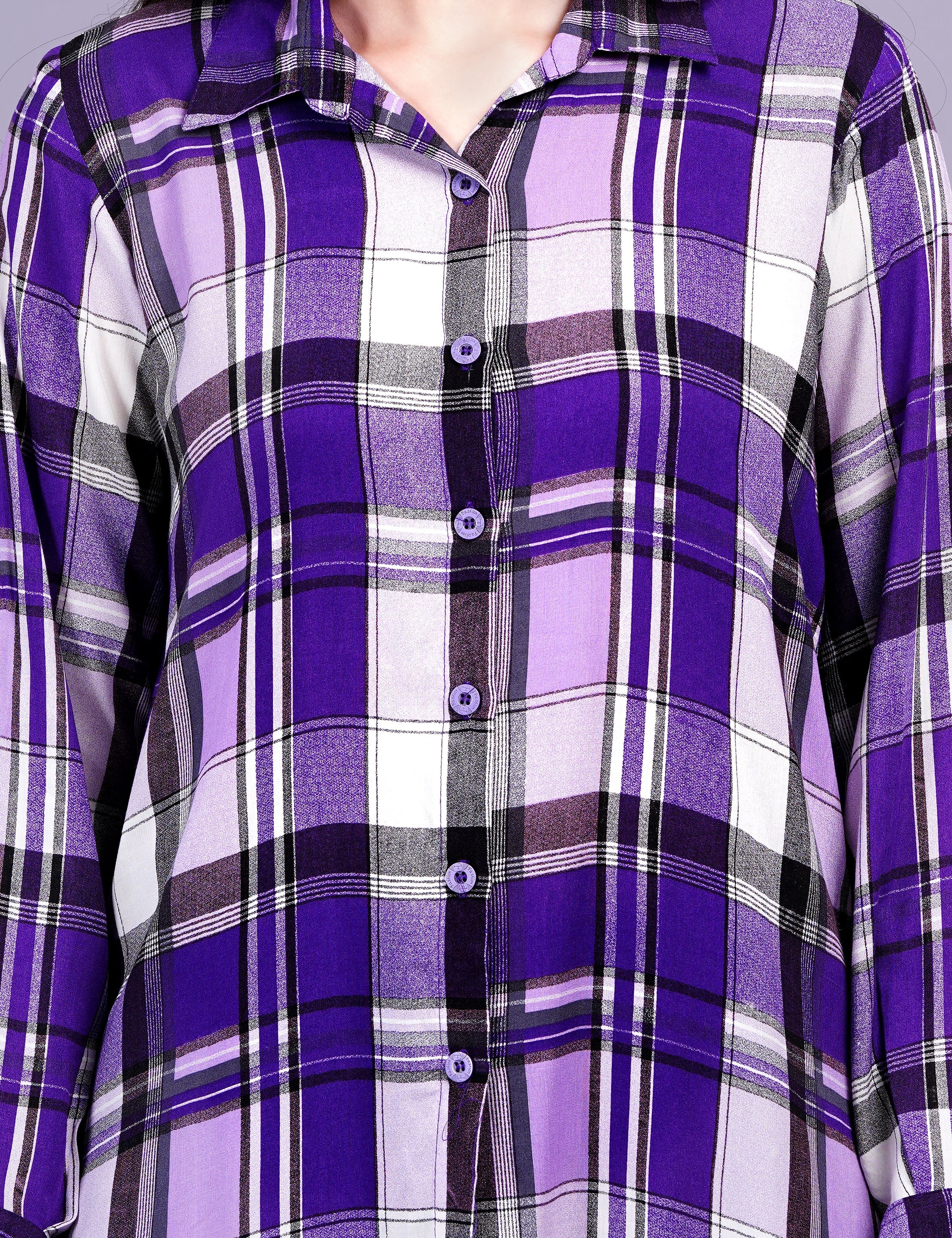 Women's Check Cotton Purple Color Shirt Style Shrug
