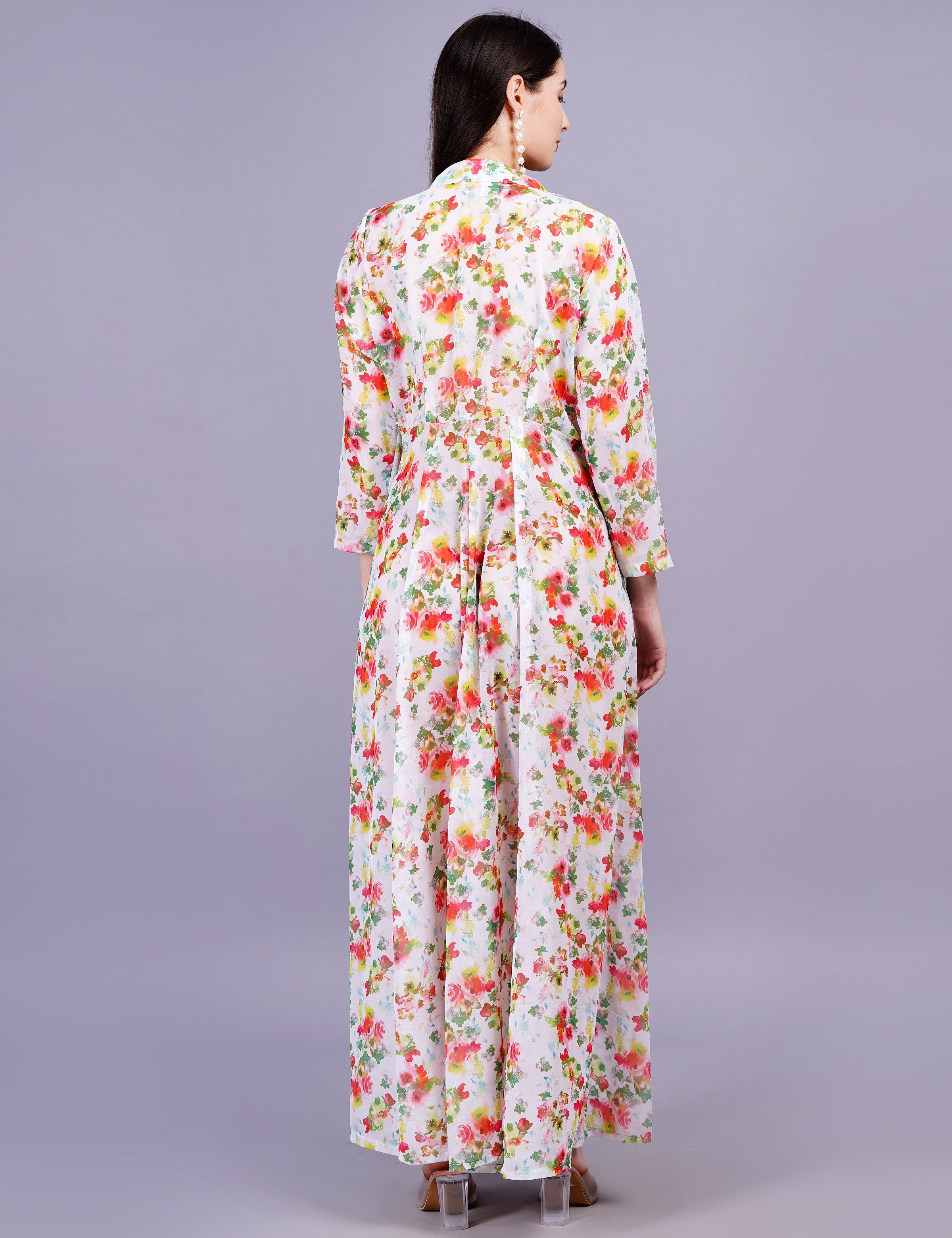 Women's Cream Digital Printed Flower Motif Shrug