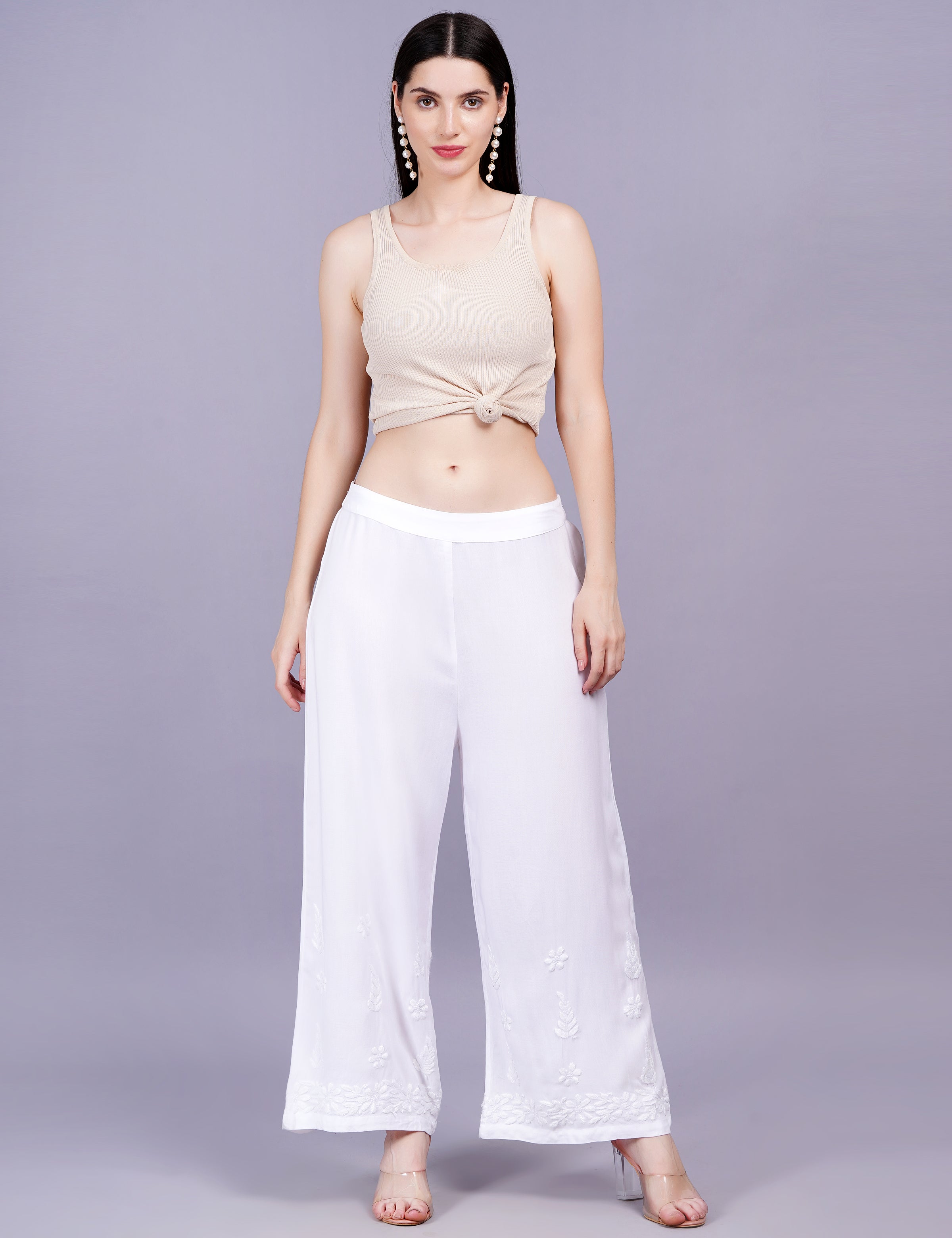 Women's Rayon Chikankari White Color Plazzo