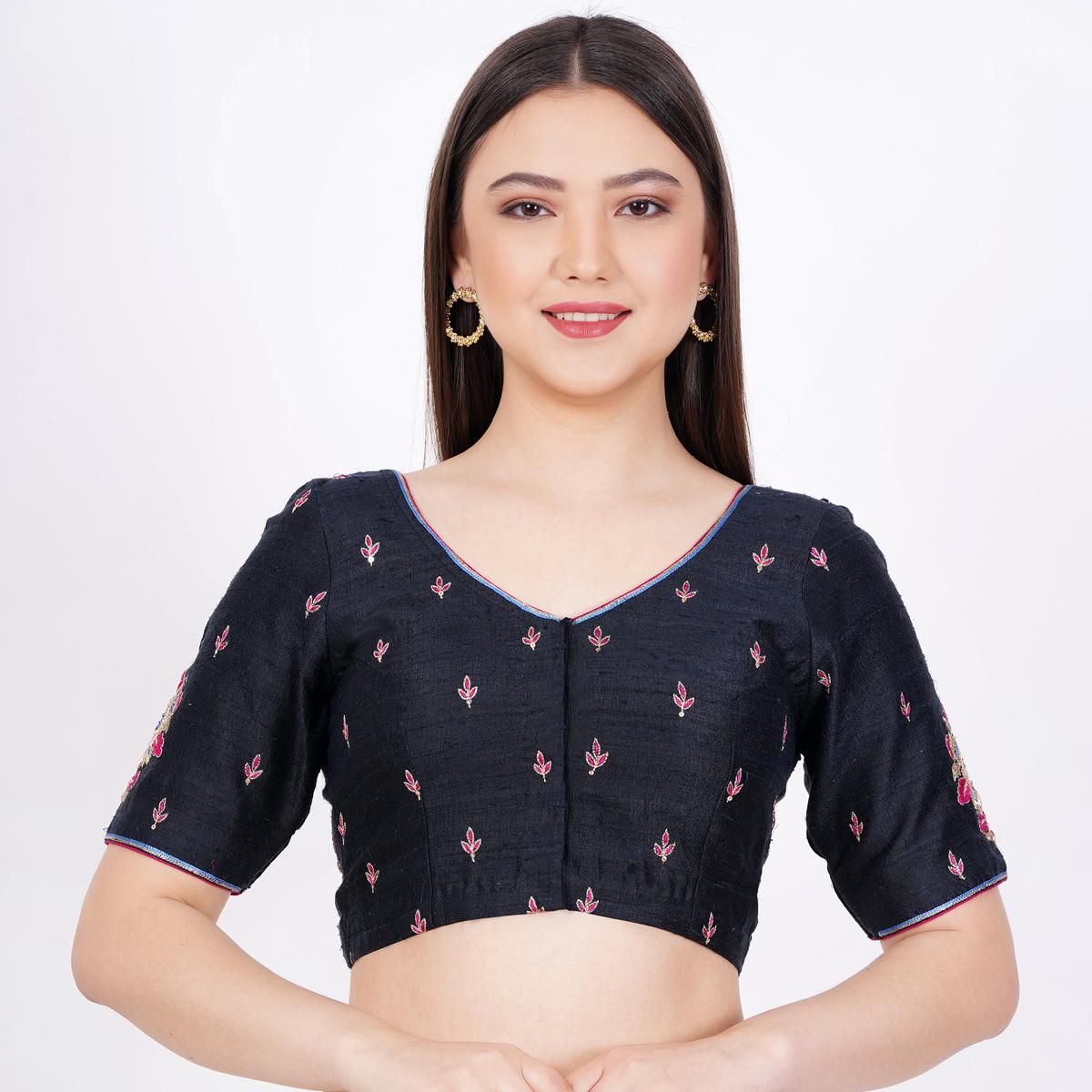 Women's Raw Silk Hand Embroided Black Color Blouse