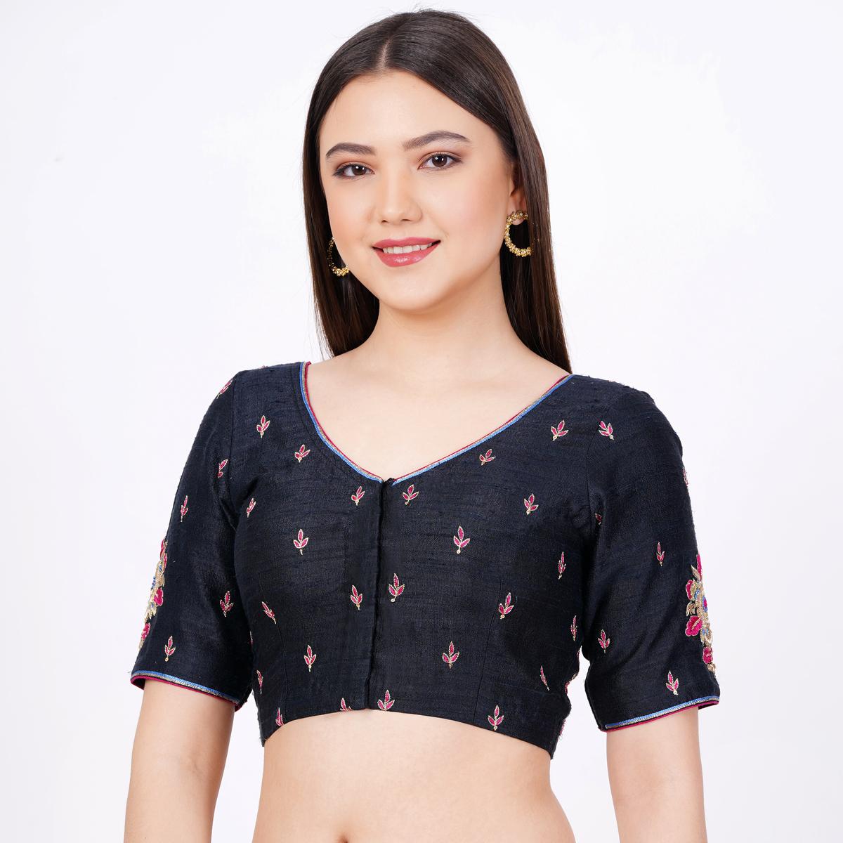 Women's Raw Silk Hand Embroided Black Color Blouse