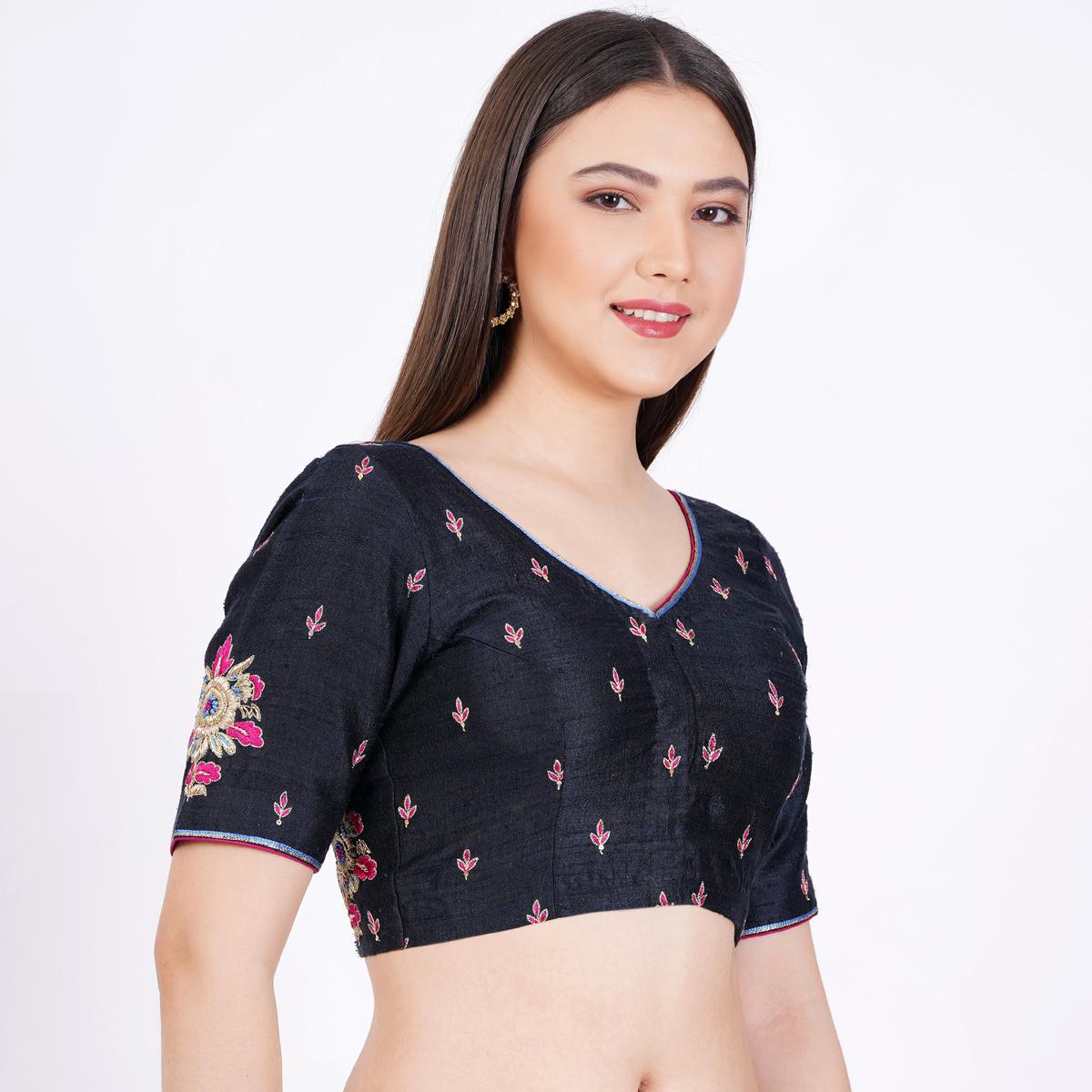 Women's Raw Silk Hand Embroided Black Color Blouse