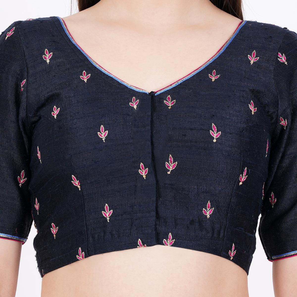 Women's Raw Silk Hand Embroided Black Color Blouse