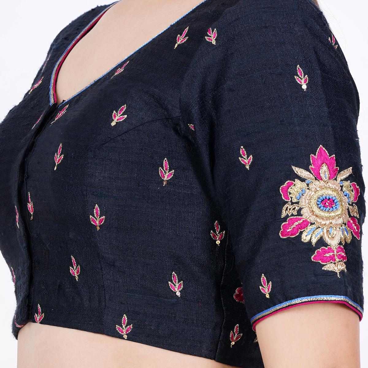 Women's Raw Silk Hand Embroided Black Color Blouse