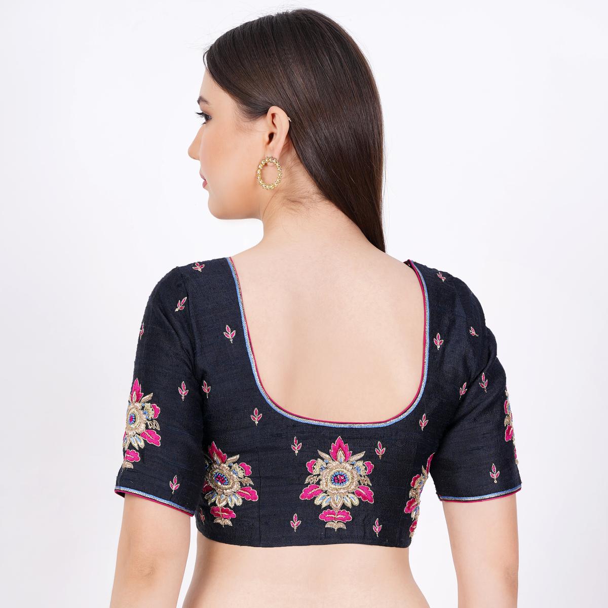 Women's Raw Silk Hand Embroided Black Color Blouse