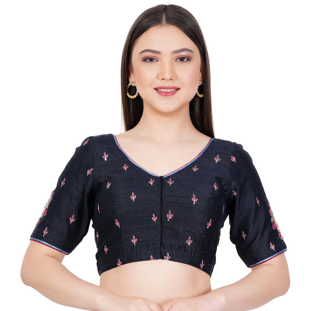 Women's Raw Silk Hand Embroided Black Color Blouse