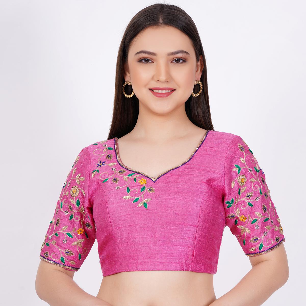 Women's Raw Silk Hand Embroided Pink Color Blouse