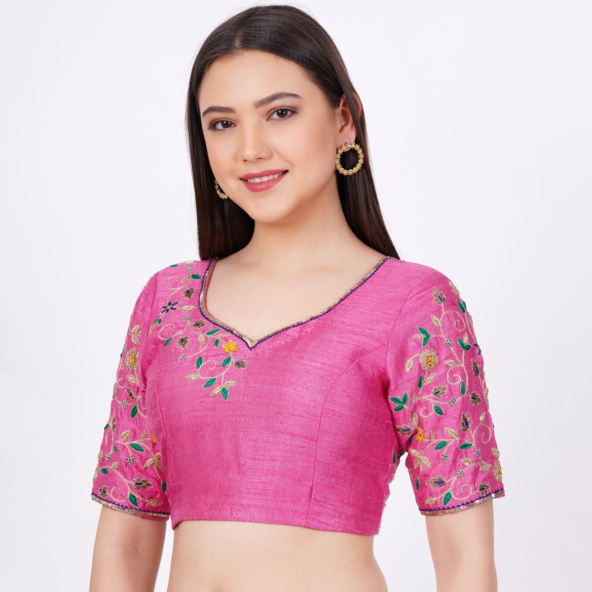 Women's Raw Silk Hand Embroided Pink Color Blouse