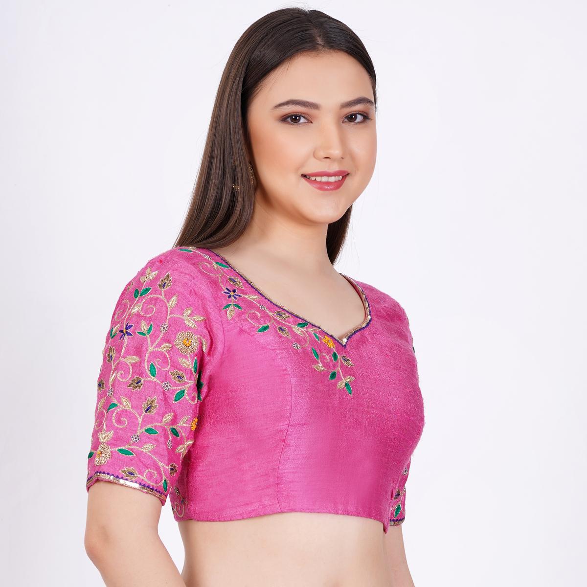 Women's Raw Silk Hand Embroided Pink Color Blouse