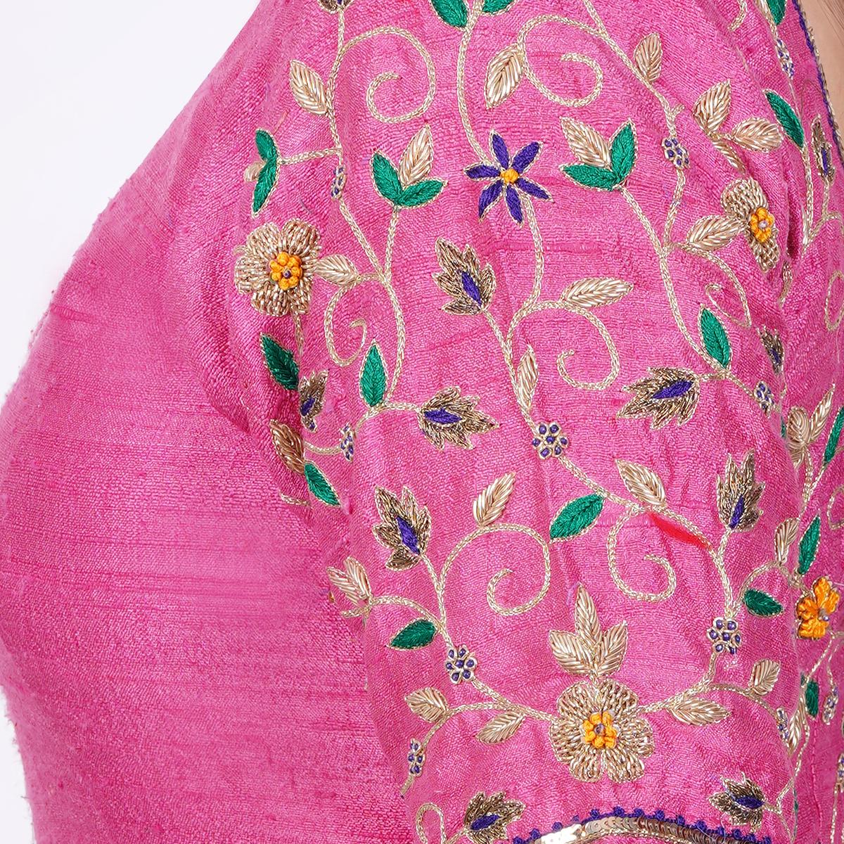 Women's Raw Silk Hand Embroided Pink Color Blouse