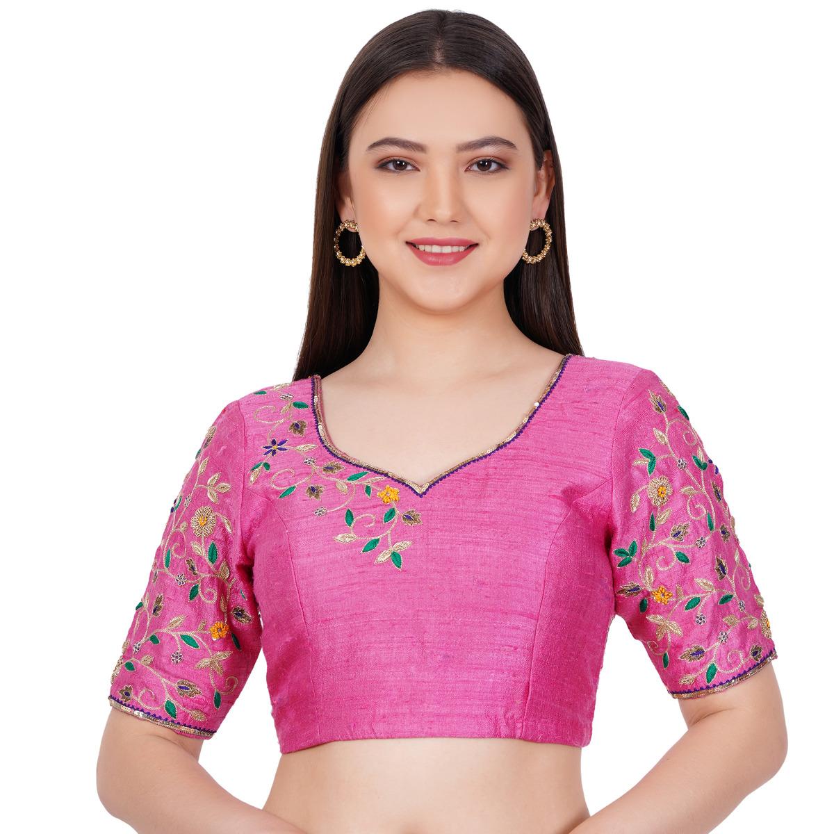 Women's Raw Silk Hand Embroided Pink Color Blouse