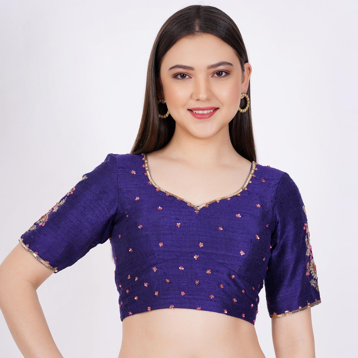 Women's Raw Silk Hand Embroided Navy Blue Color Blouse