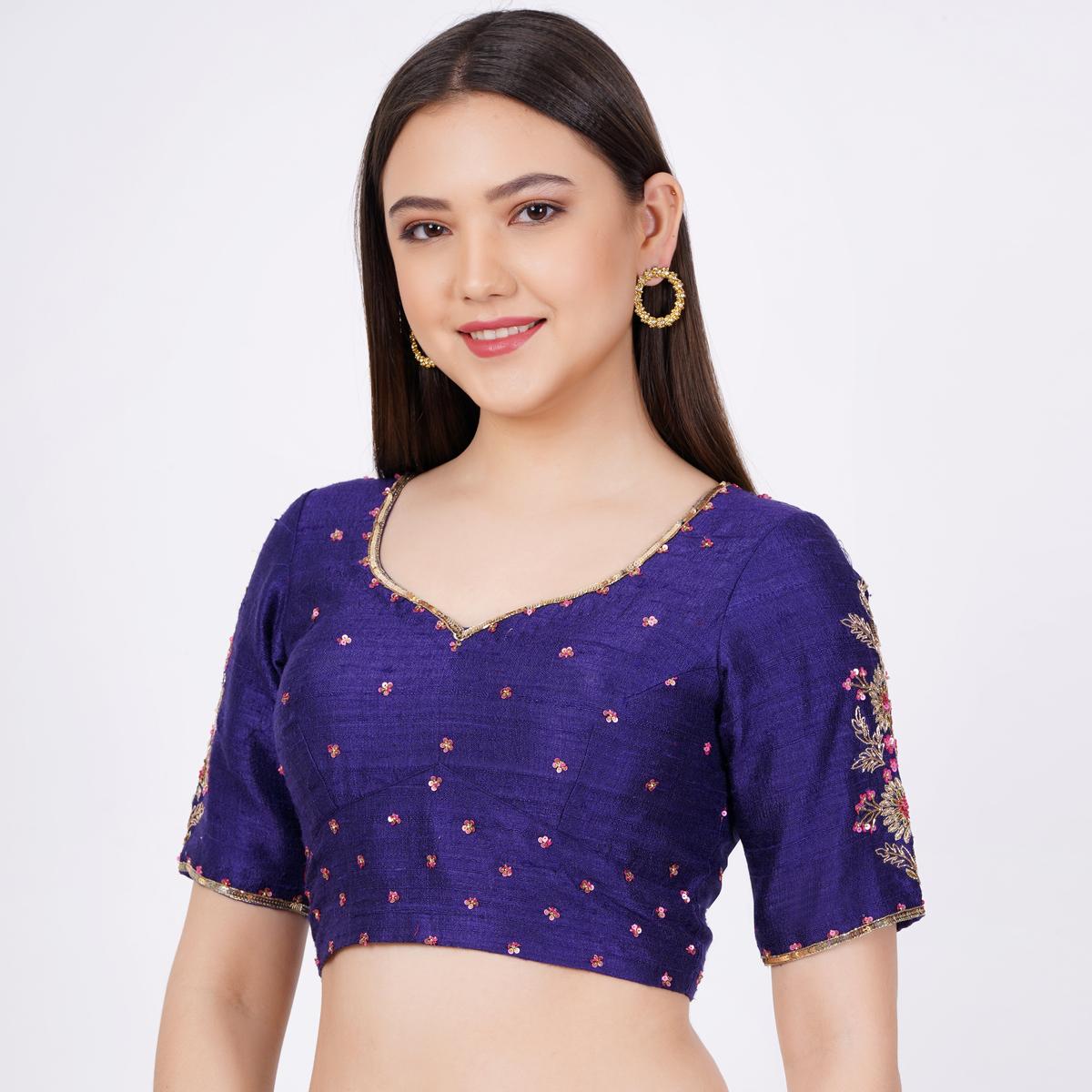 Women's Raw Silk Hand Embroided Navy Blue Color Blouse