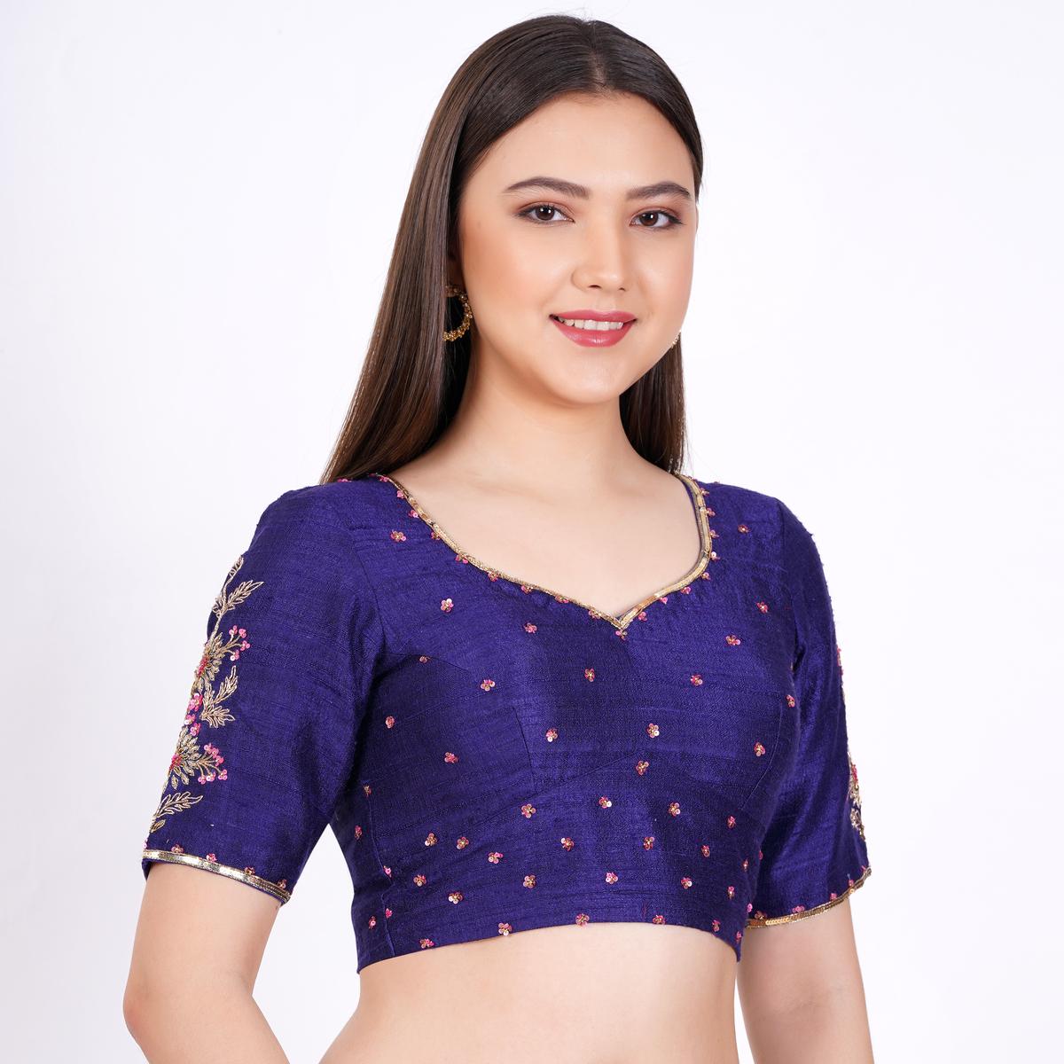 Women's Raw Silk Hand Embroided Navy Blue Color Blouse