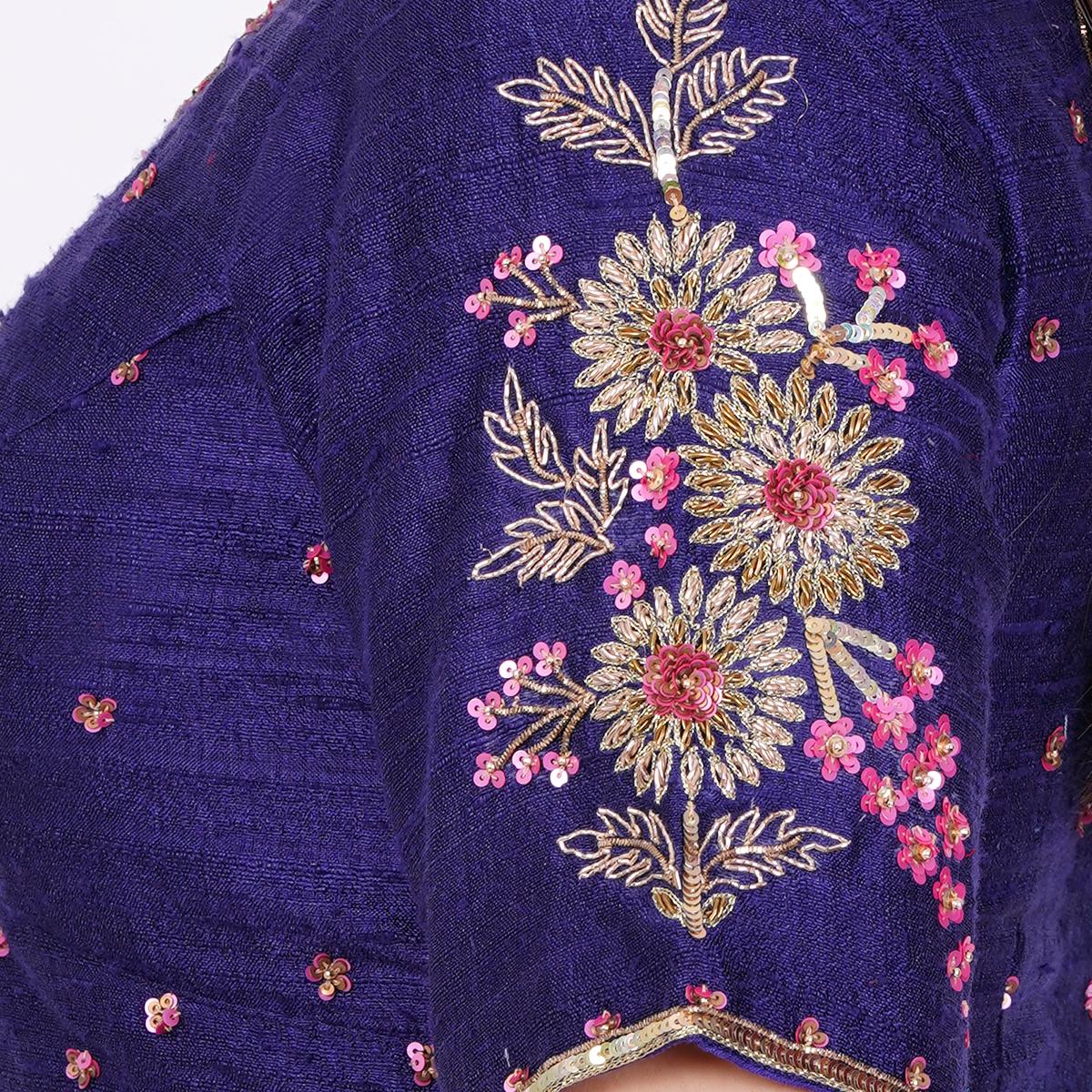 Women's Raw Silk Hand Embroided Navy Blue Color Blouse