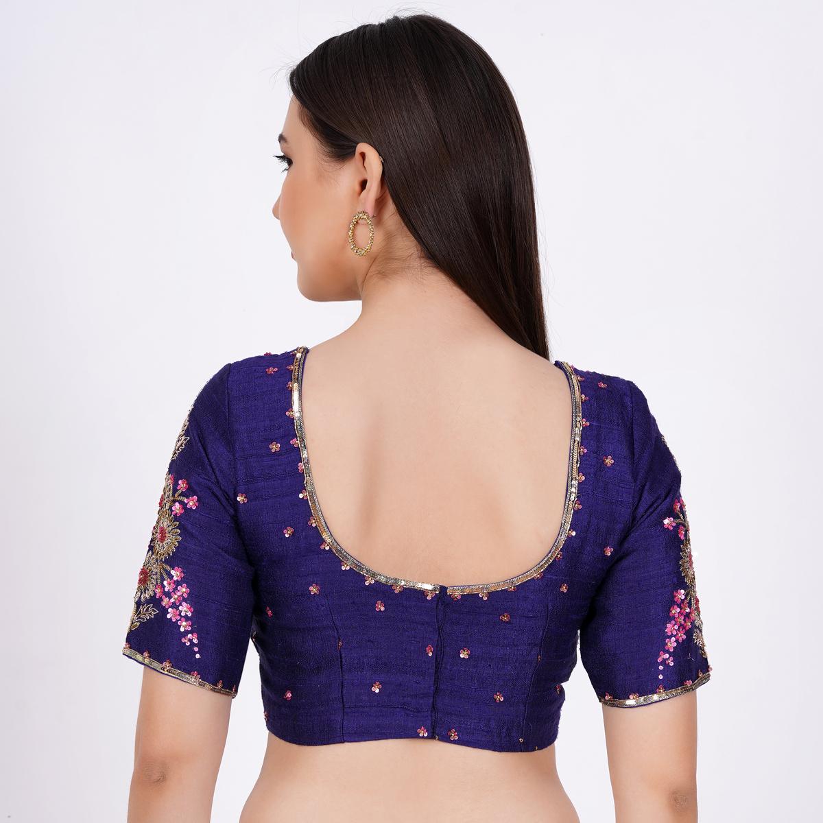 Women's Raw Silk Hand Embroided Navy Blue Color Blouse